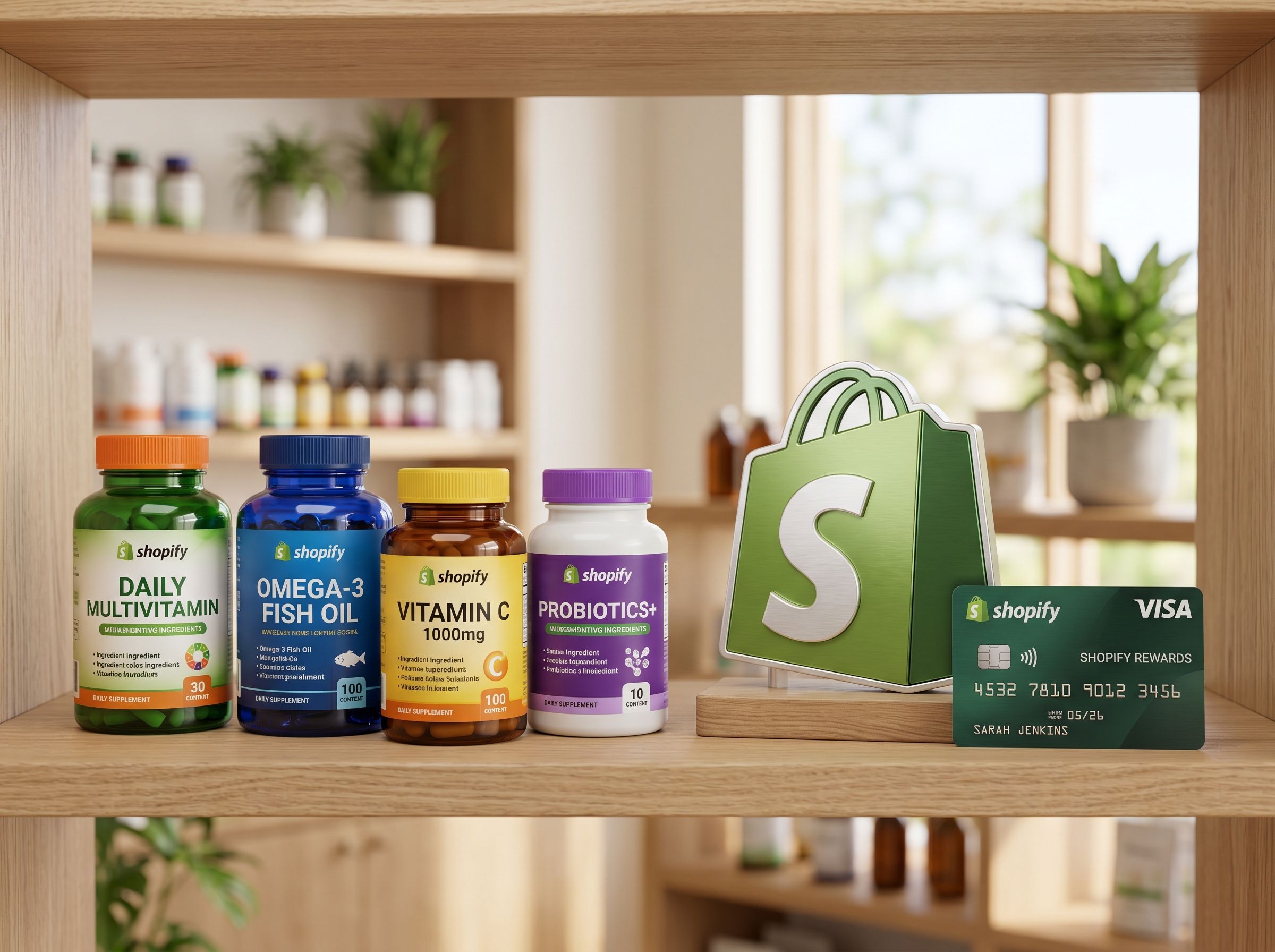 3d rendered vitamin bottles and the shopify logo with a credit card