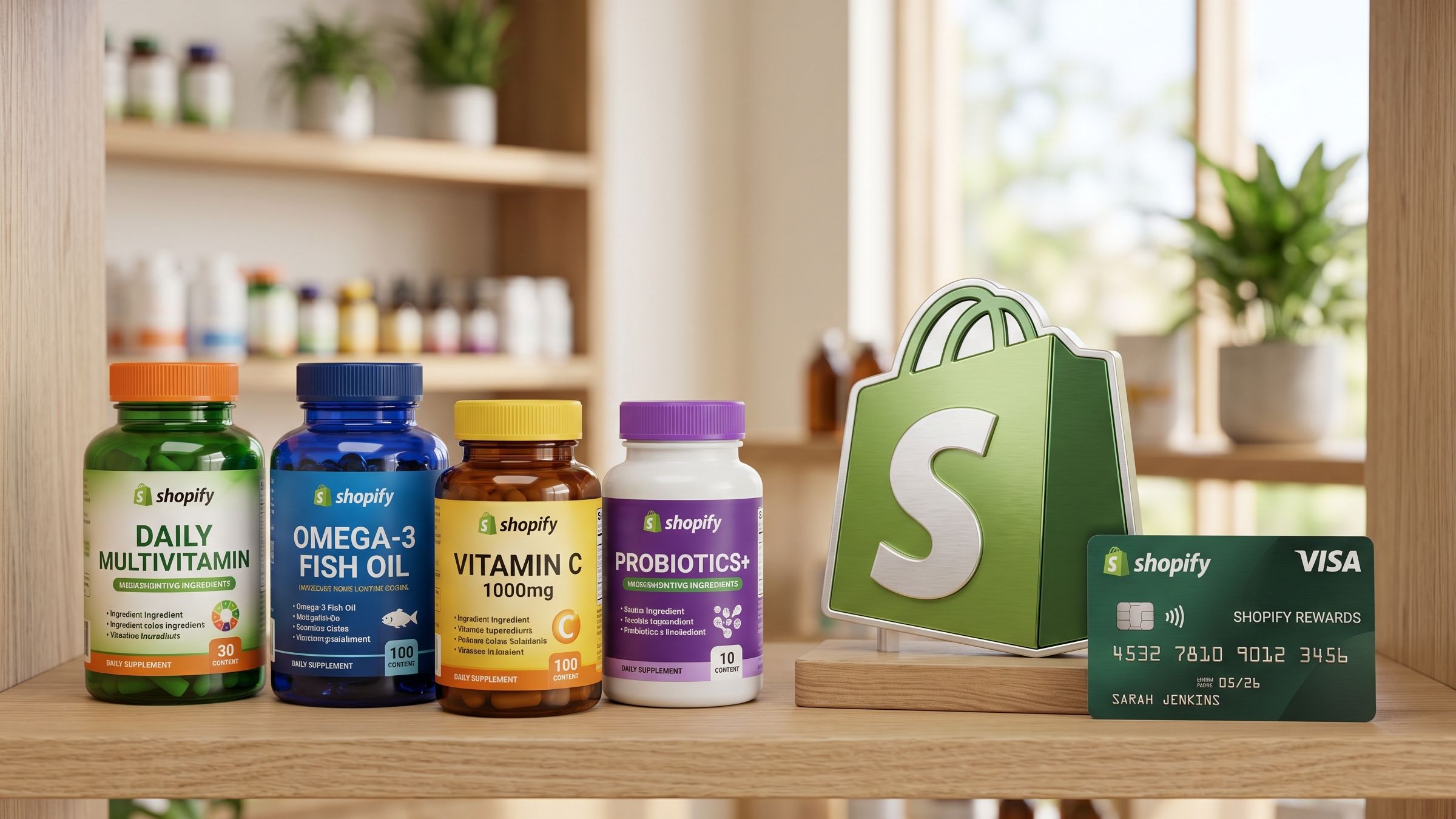 3d rendered vitamin bottles and the shopify logo with a credit card