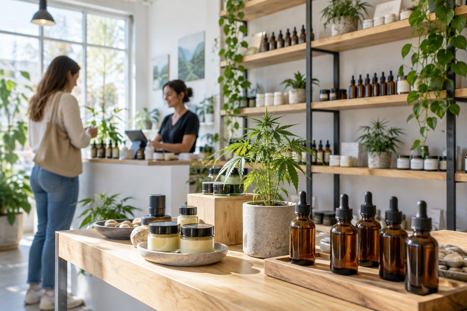 Shelves of CBD tinctures and balms in a bright wellness shop