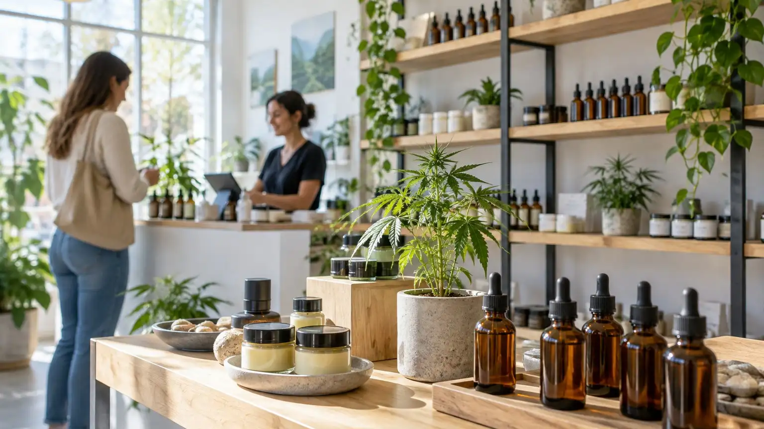 Shelves of CBD tinctures and balms in a bright wellness shop
