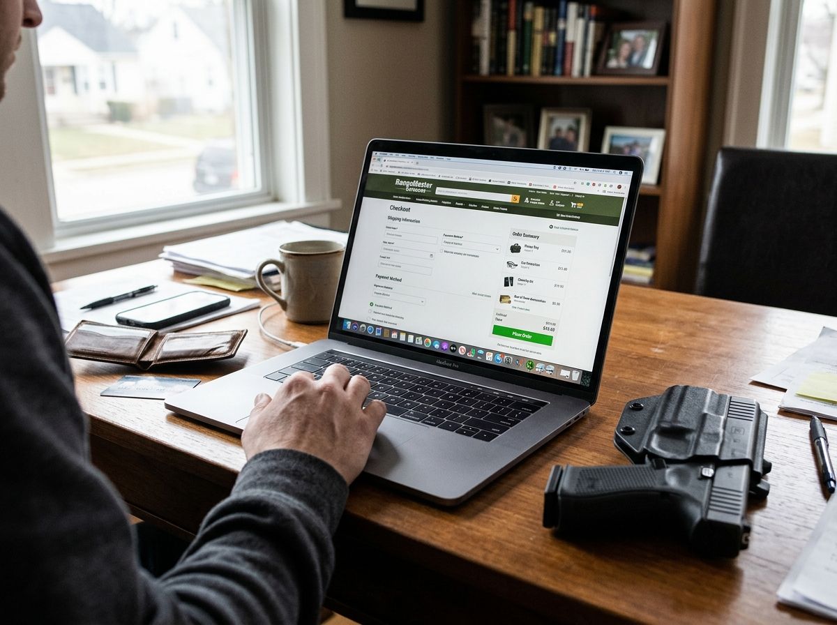 A firearm and a laptop sitting on a desk.