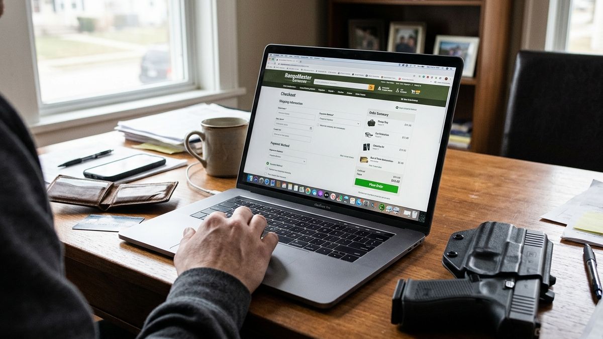 A firearm and a laptop sitting on a desk.
