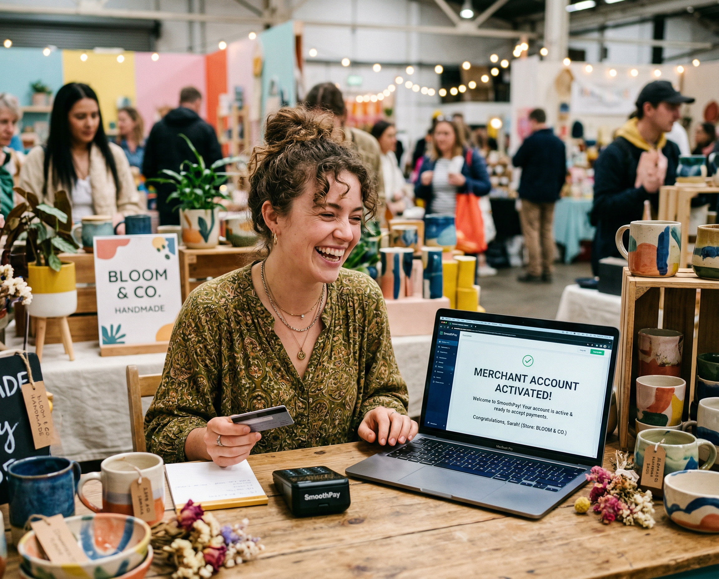 Shopper smiling after finding a smooth platform to host her merchant account.