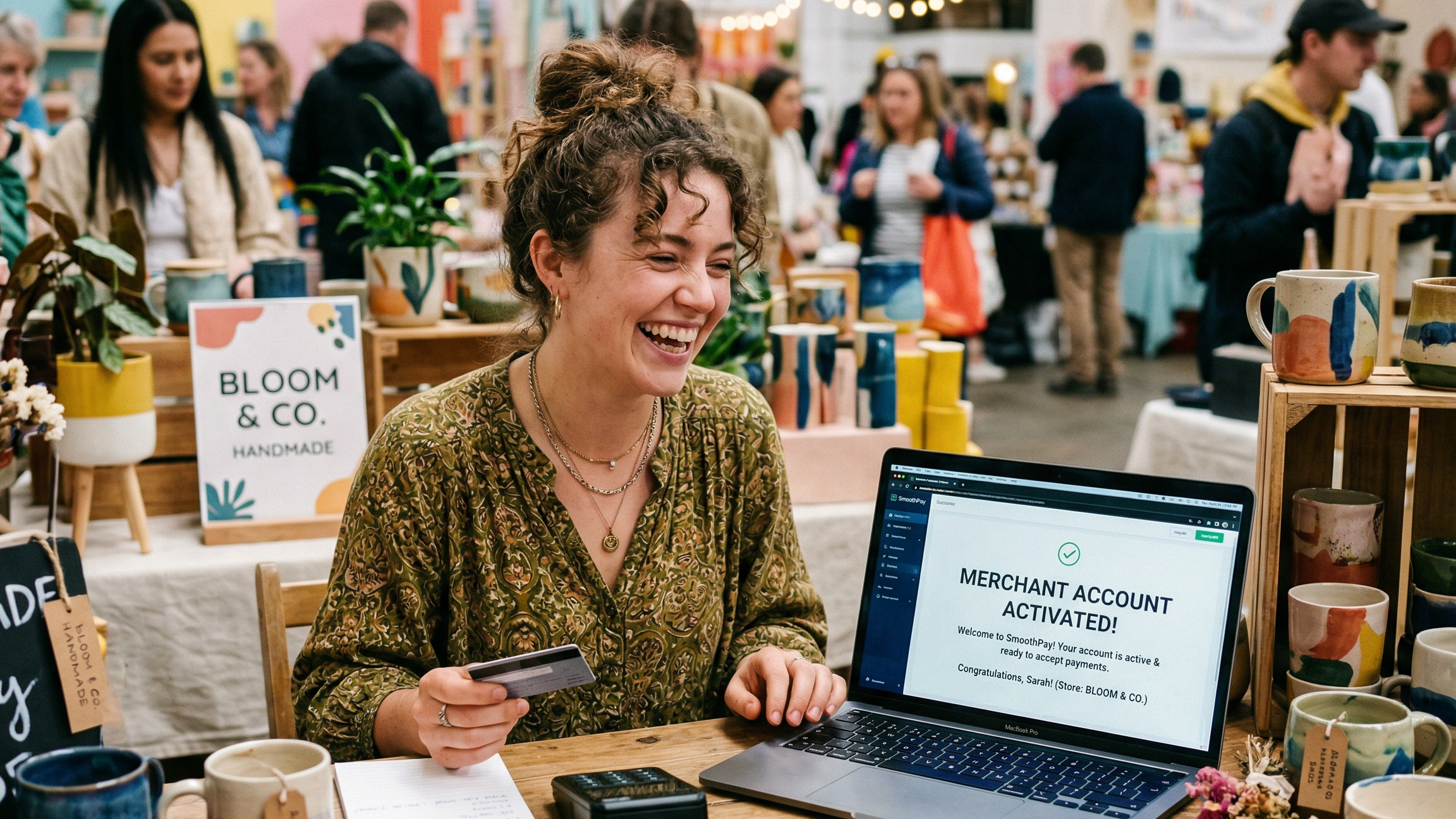 Shopper smiling after finding a smooth platform to host her merchant account.