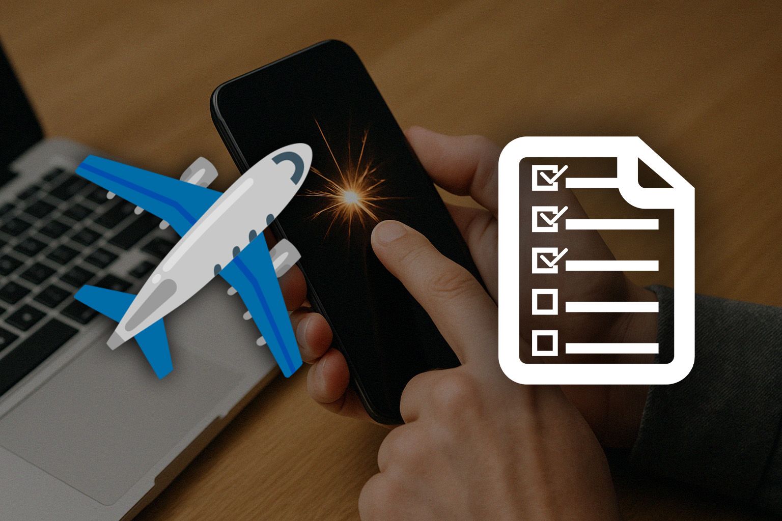 Digital work checklist overlay while human hands hold a smart phone that's positioned over a laptop