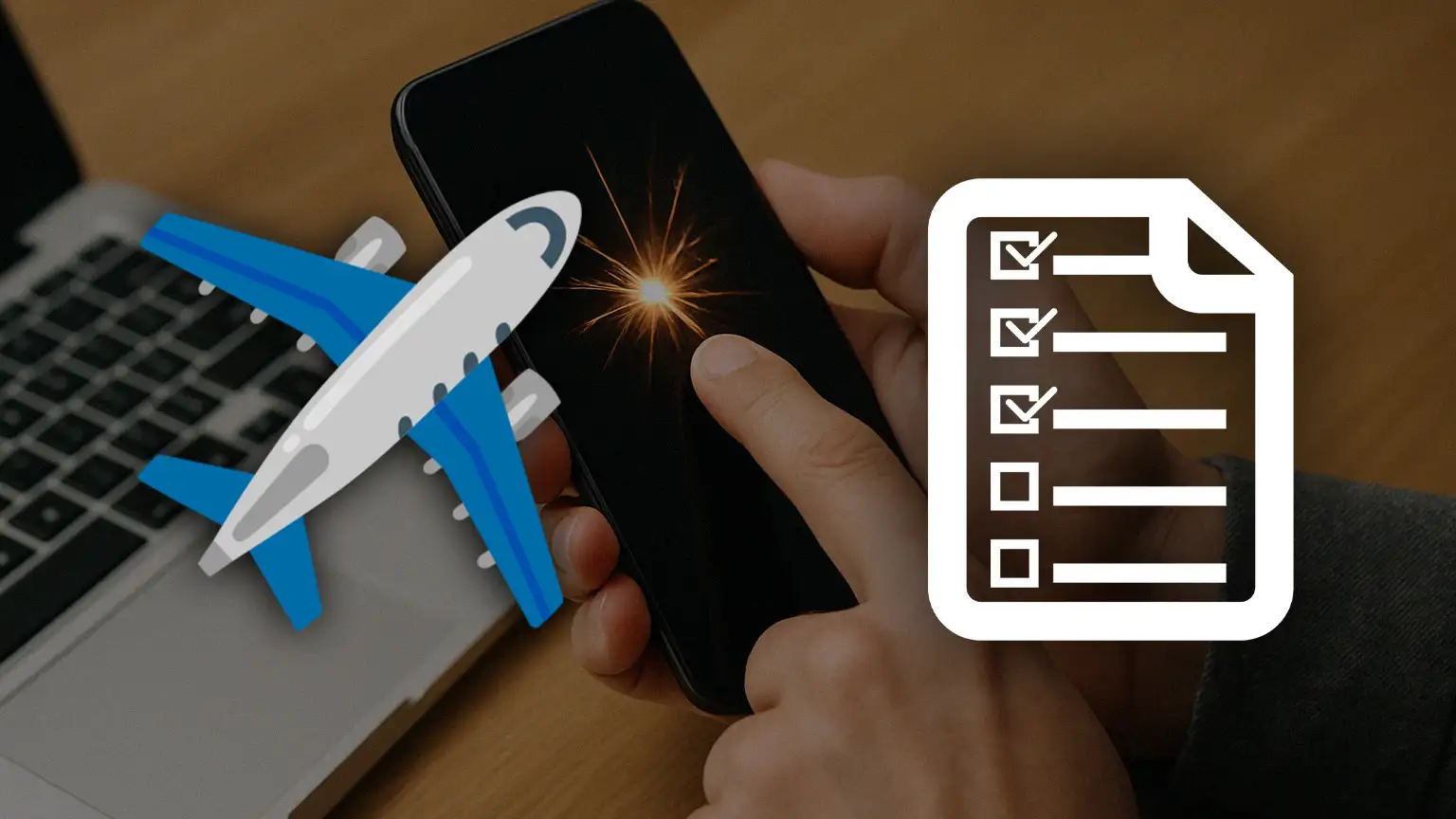 Digital work checklist overlay while human hands hold a smart phone that's positioned over a laptop