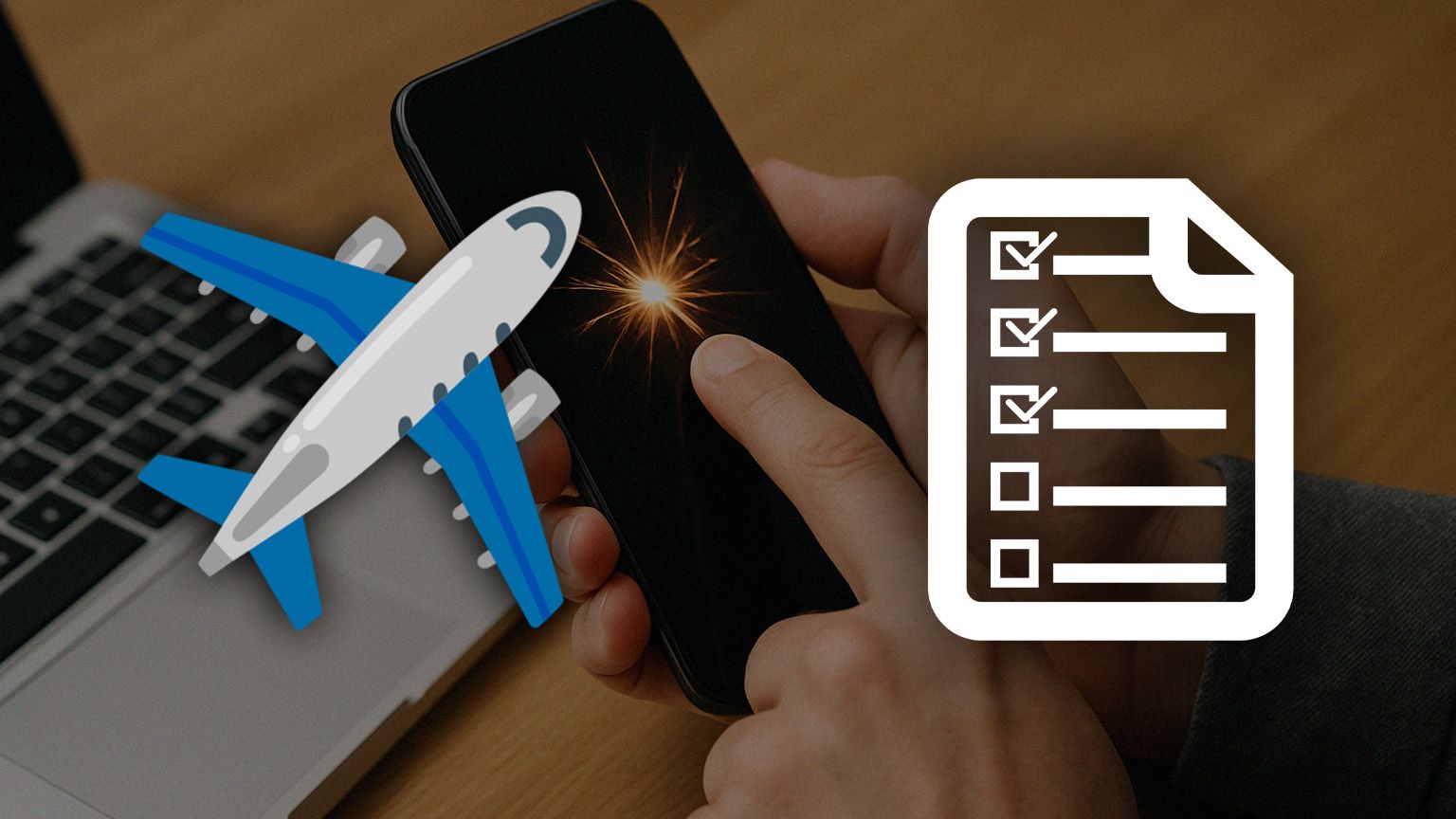 Digital work checklist overlay while human hands hold a smart phone that's positioned over a laptop