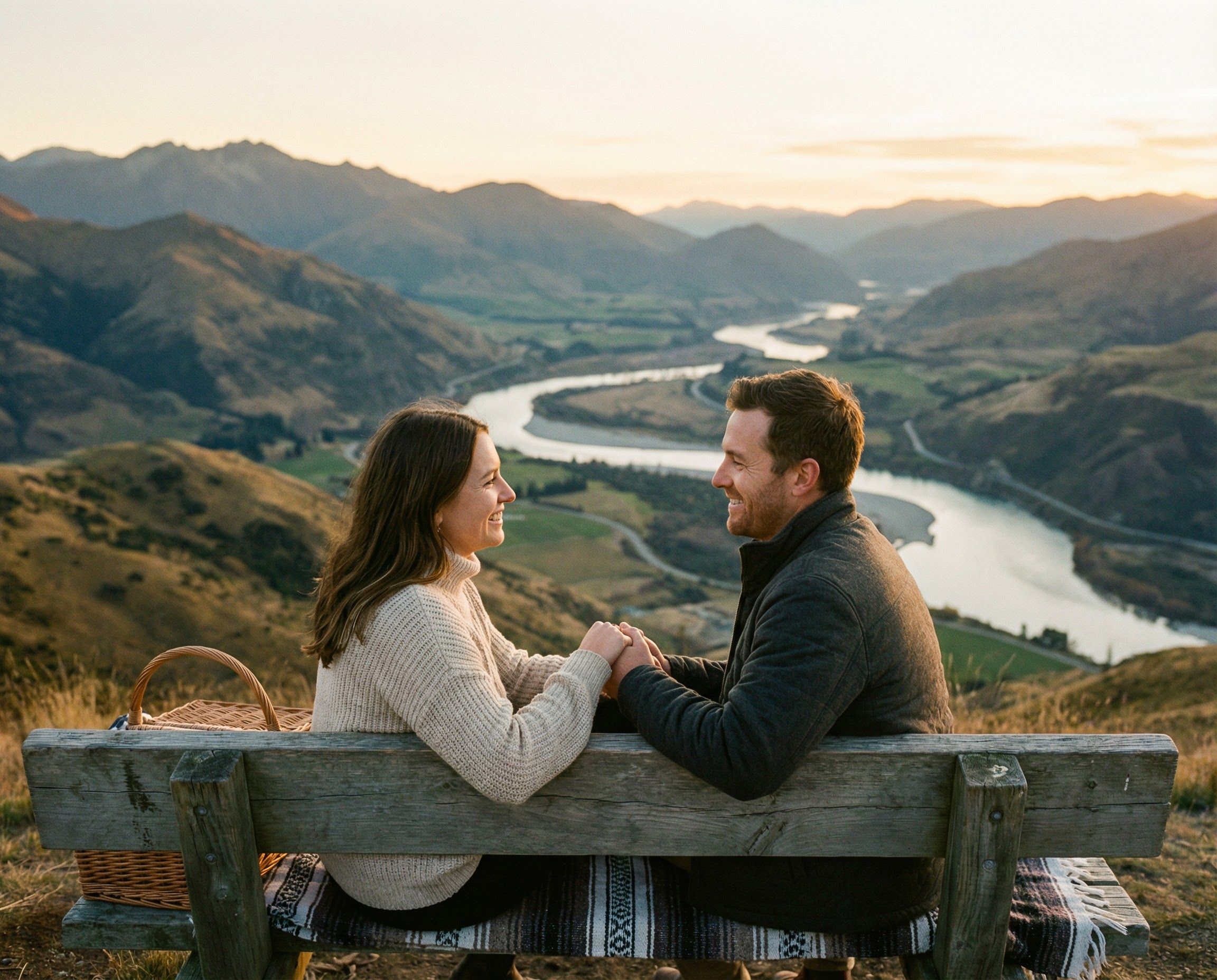 A couple on a date sitting on a bench looking at a scenic overlook
