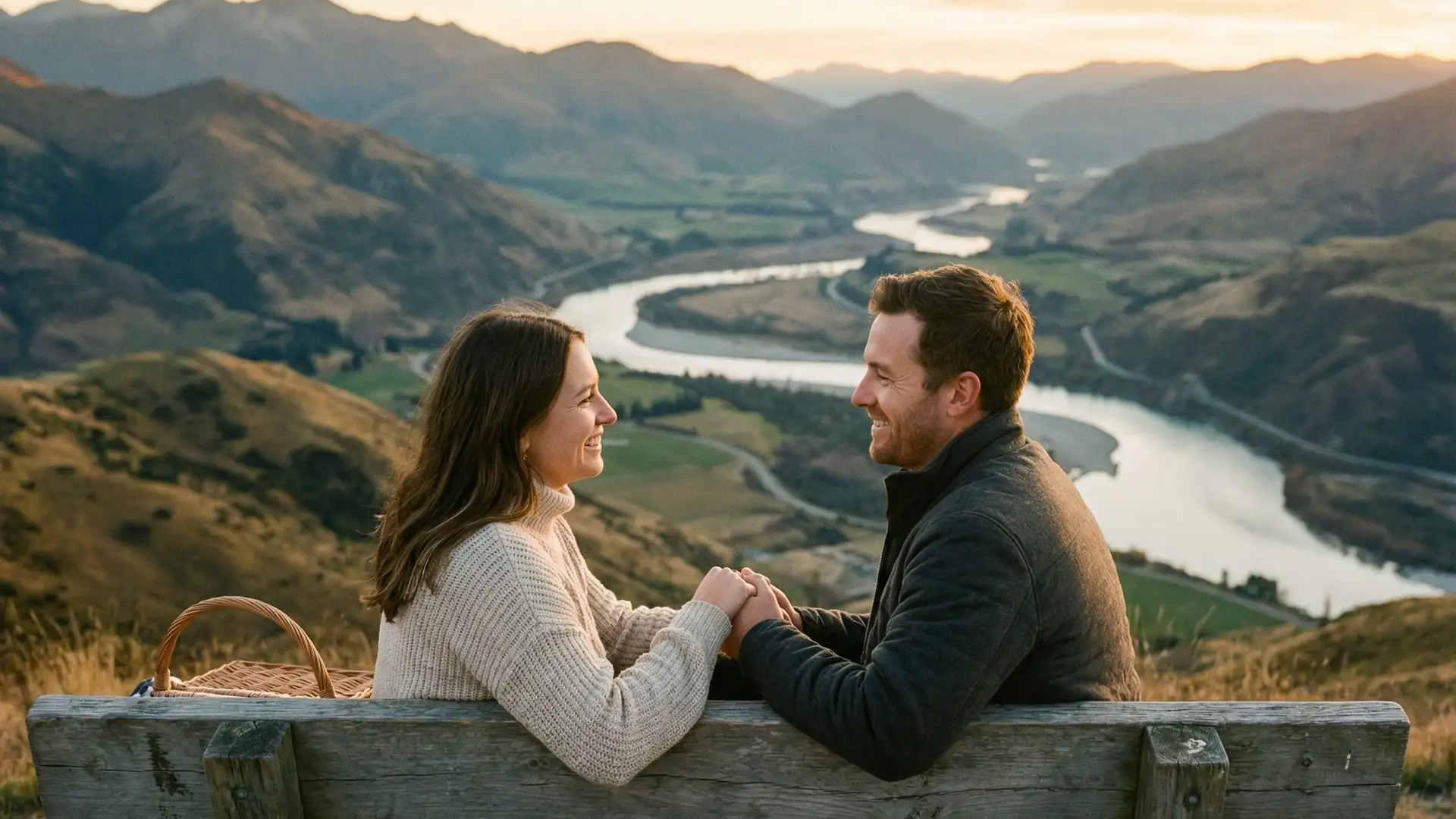 A couple on a date sitting on a bench looking at a scenic overlook