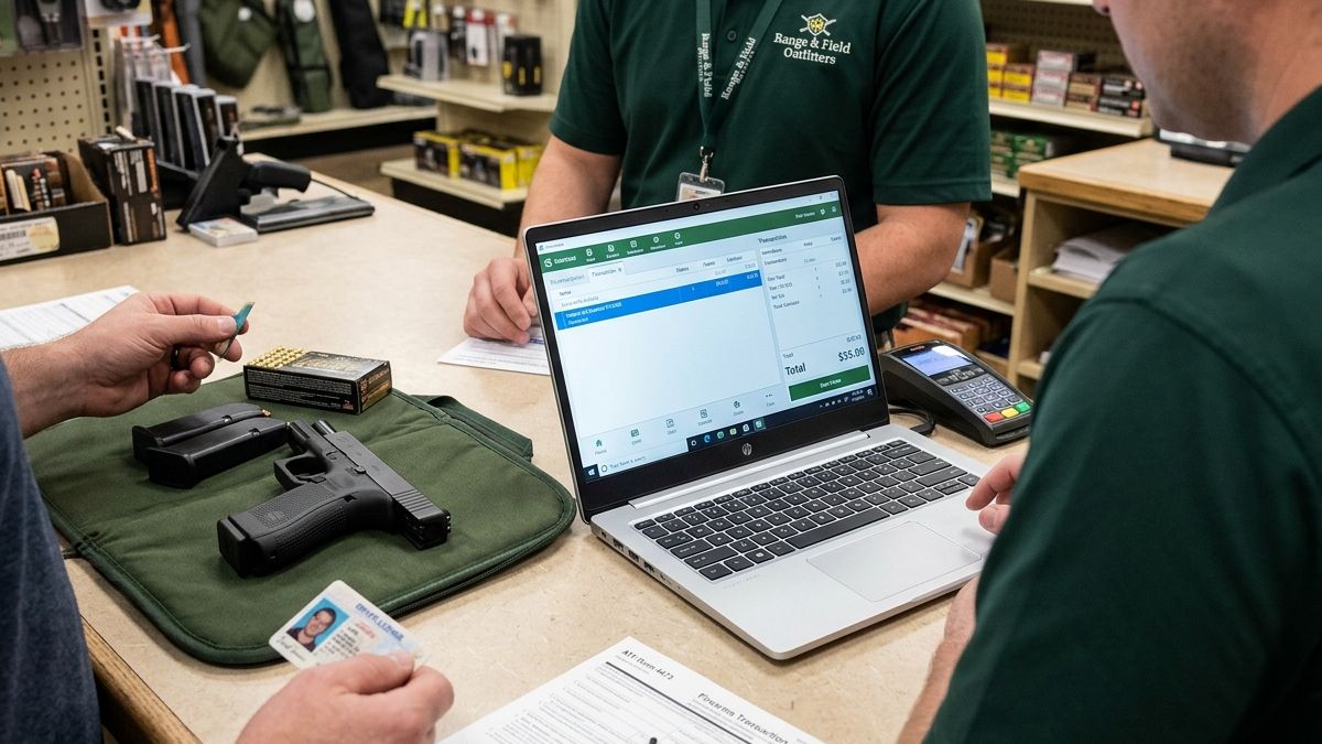 A gun store owner managing his online business.