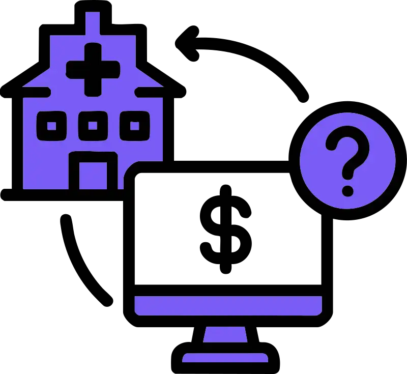 Adaptiv Payments icon showing a hospital building connected to a desktop monitor with a dollar sign