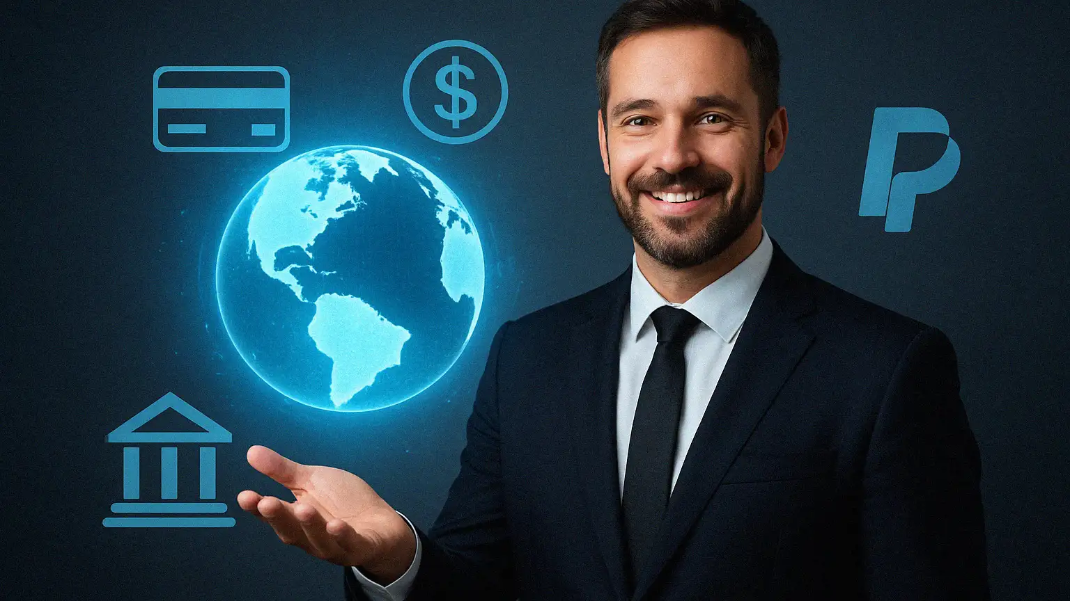 An international business owner with a glowing graphic of the globe in their hand