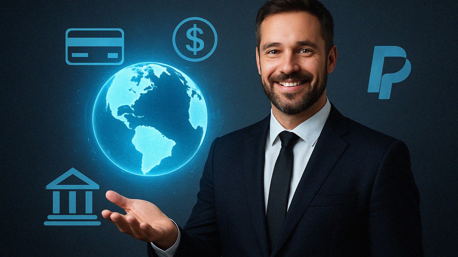 An international business owner with a glowing graphic of the globe in their hand