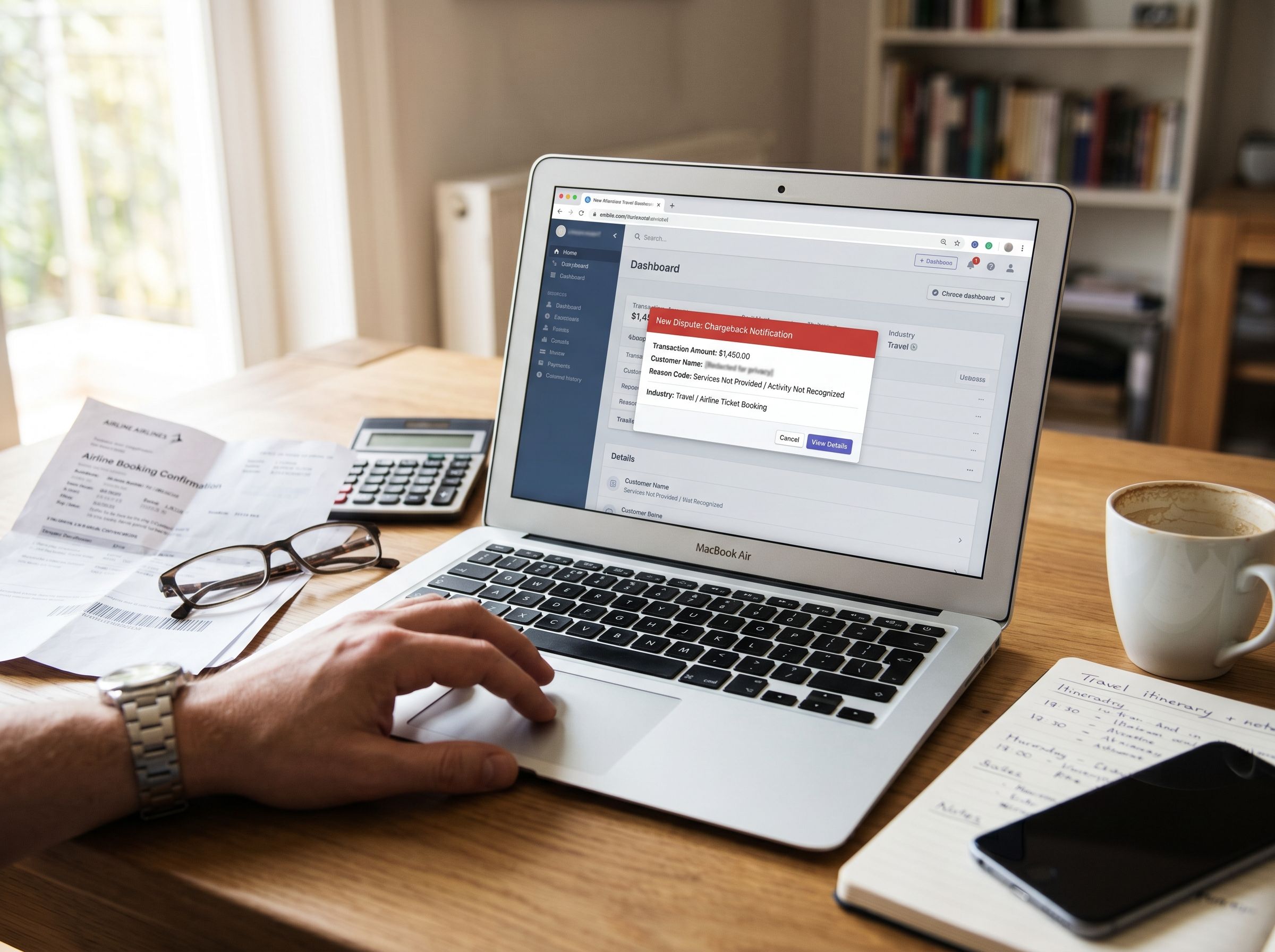 Travel industry chargeback prompt on a laptop