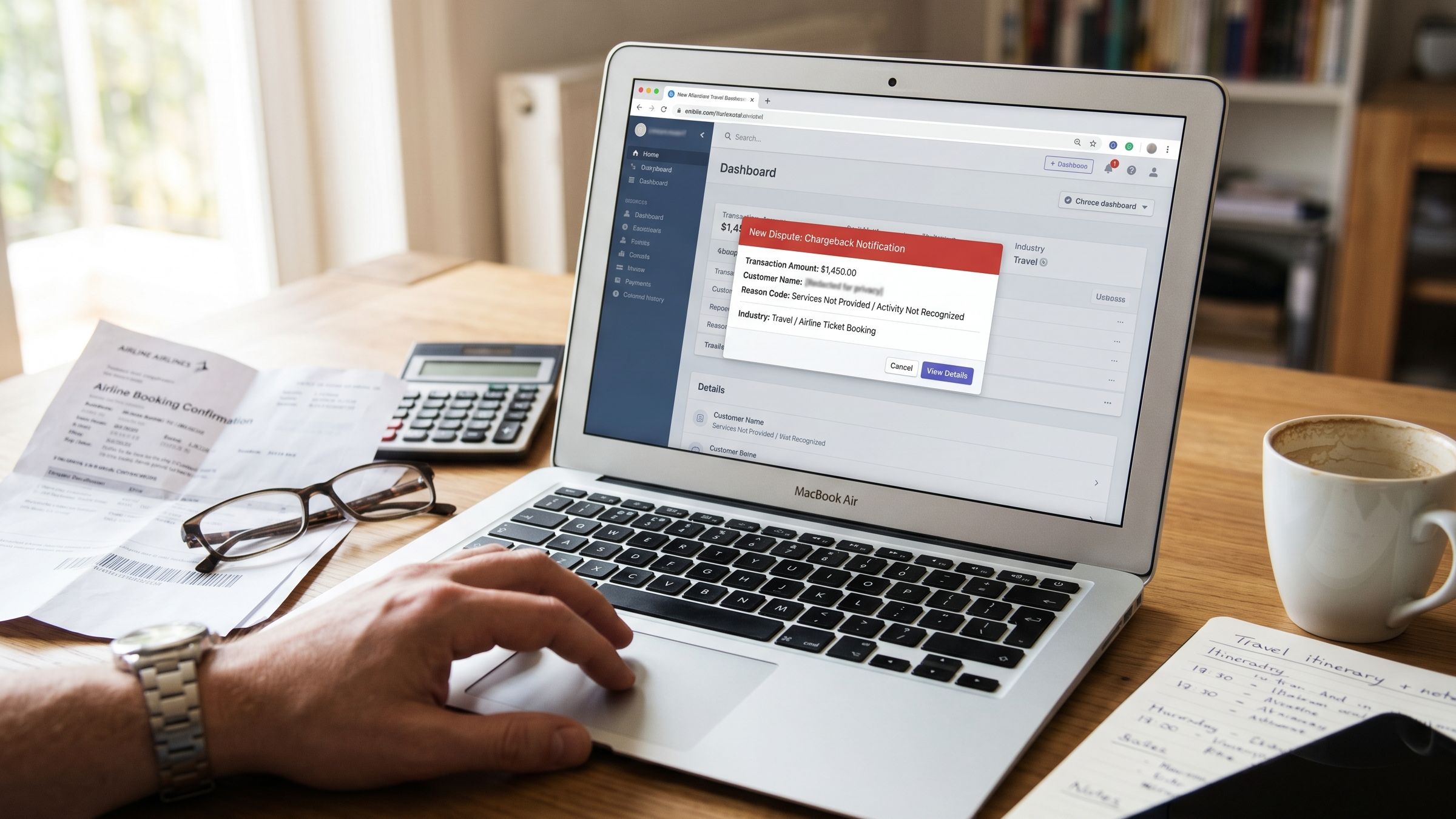 Travel industry chargeback prompt on a laptop