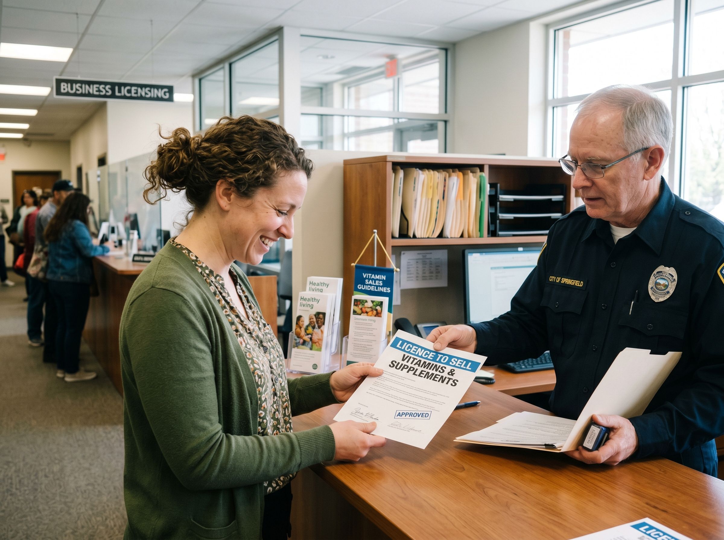 A person getting a license to sell vitamins