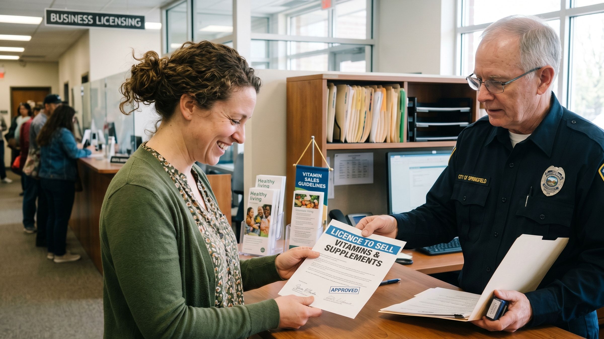 A person getting a license to sell vitamins
