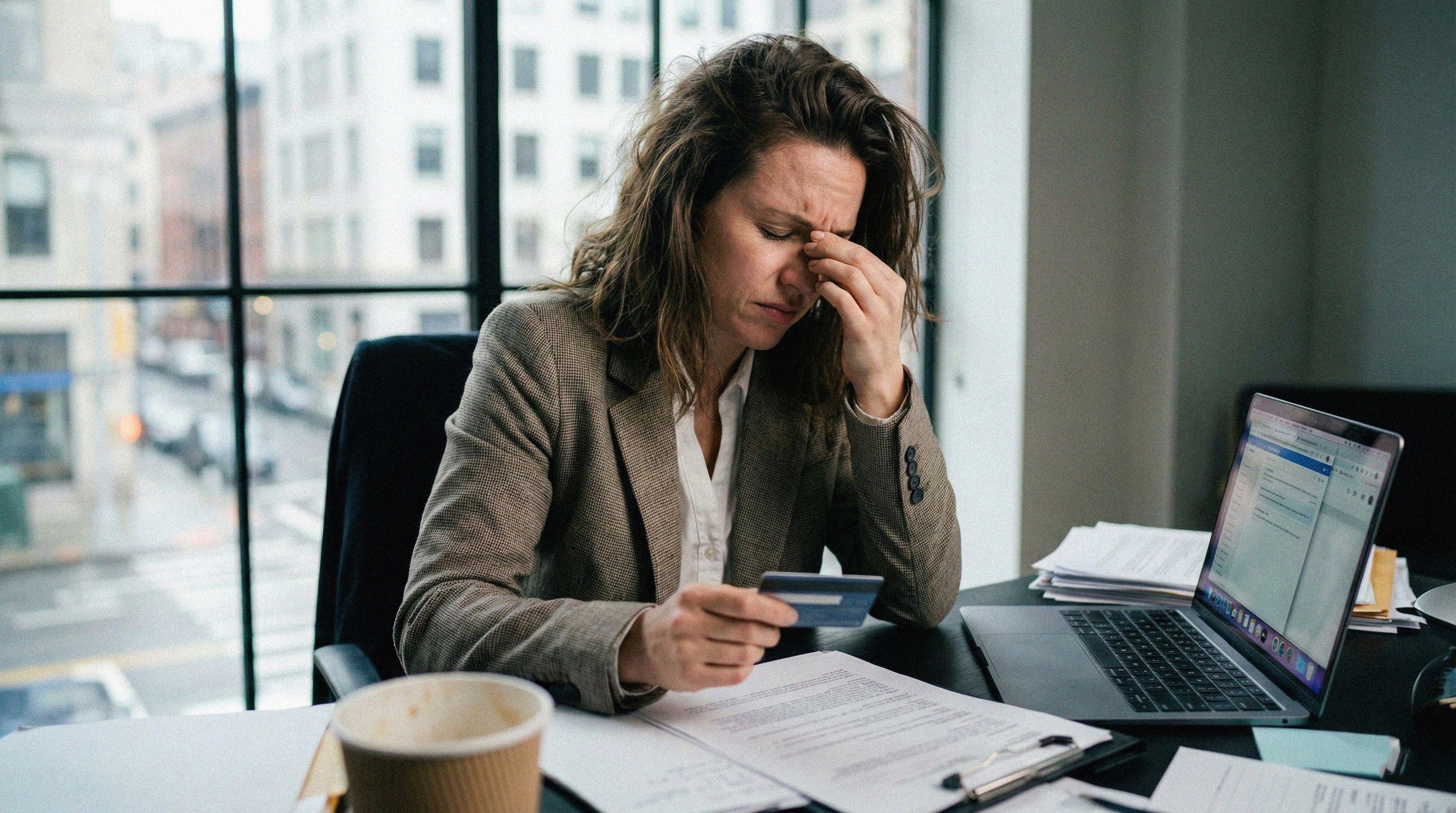 Businesswoman comparing merchant account providers on his laptop while going over financials
