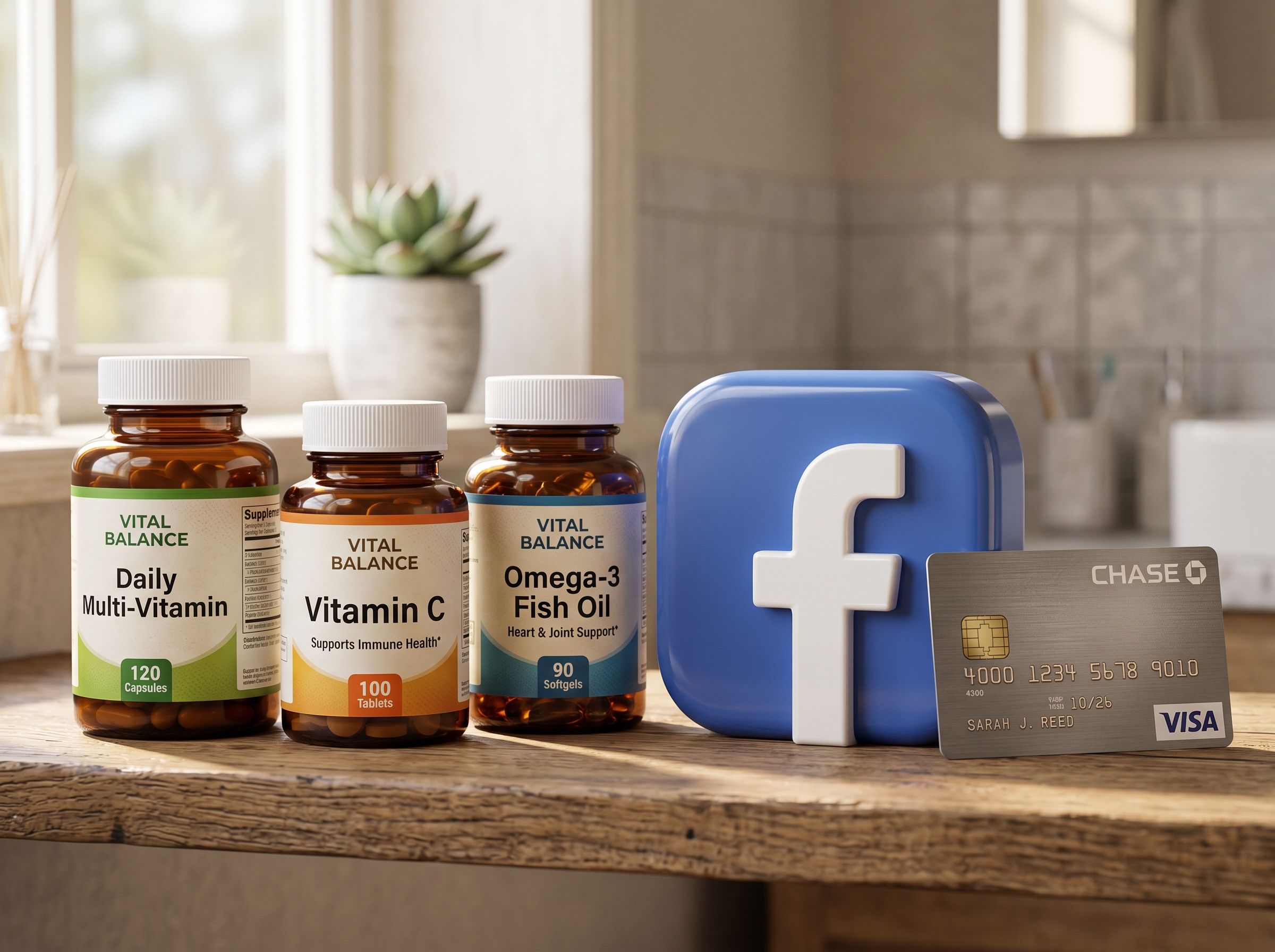 3d rendered vitamin bottles and the facebook logo with a credit card