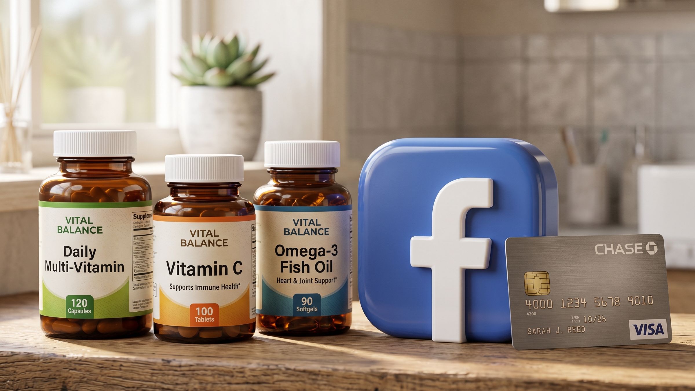 3d rendered vitamin bottles and the facebook logo with a credit card