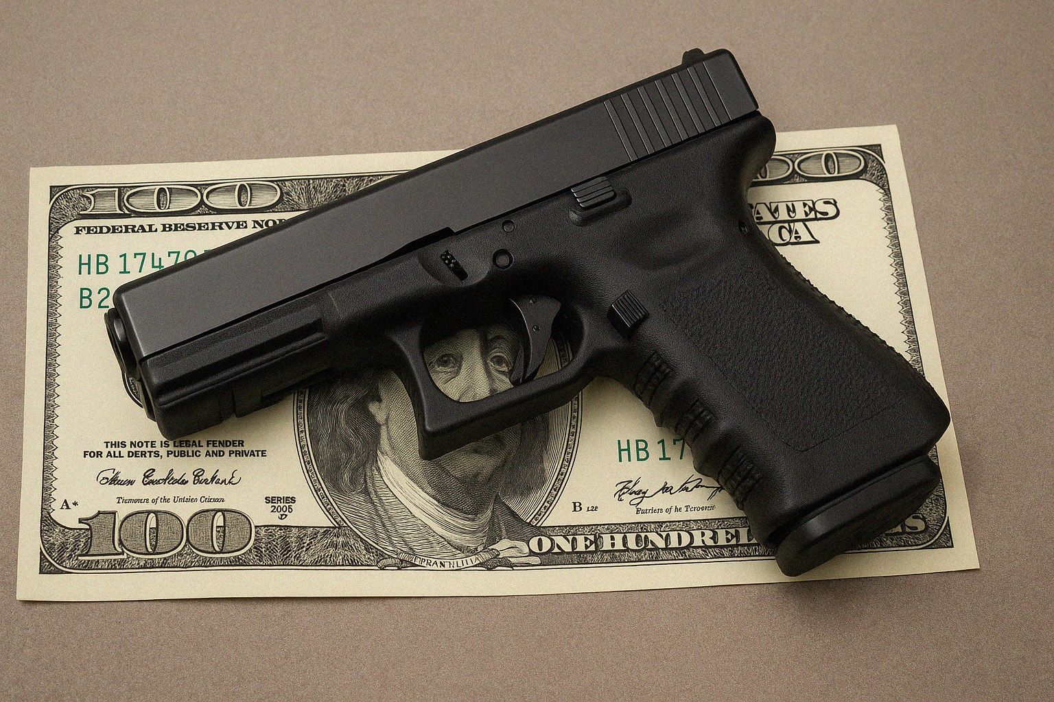 A firearm on resting on a desk on top of a stack of US bills.