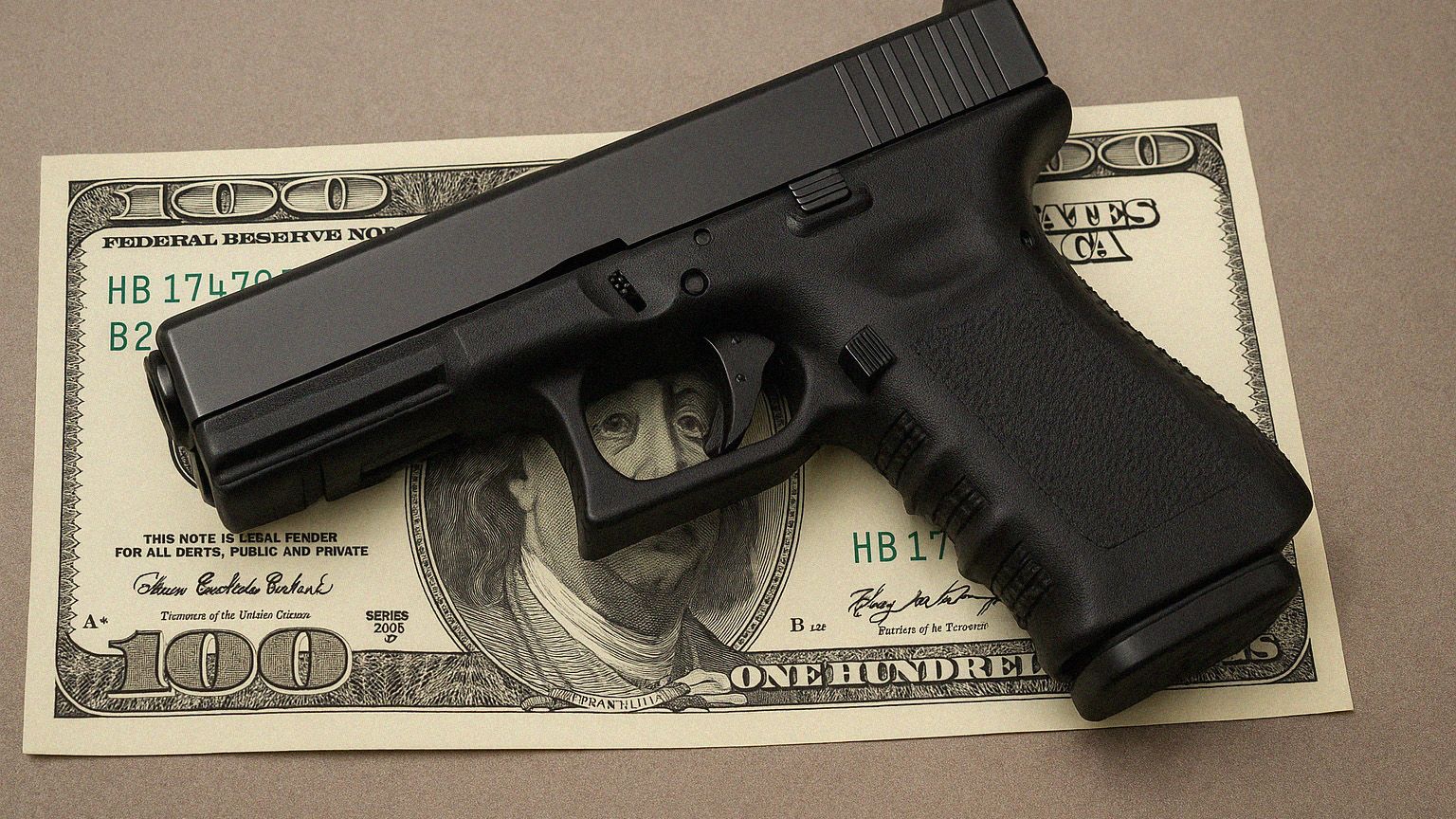 A firearm on resting on a desk on top of a stack of US bills.