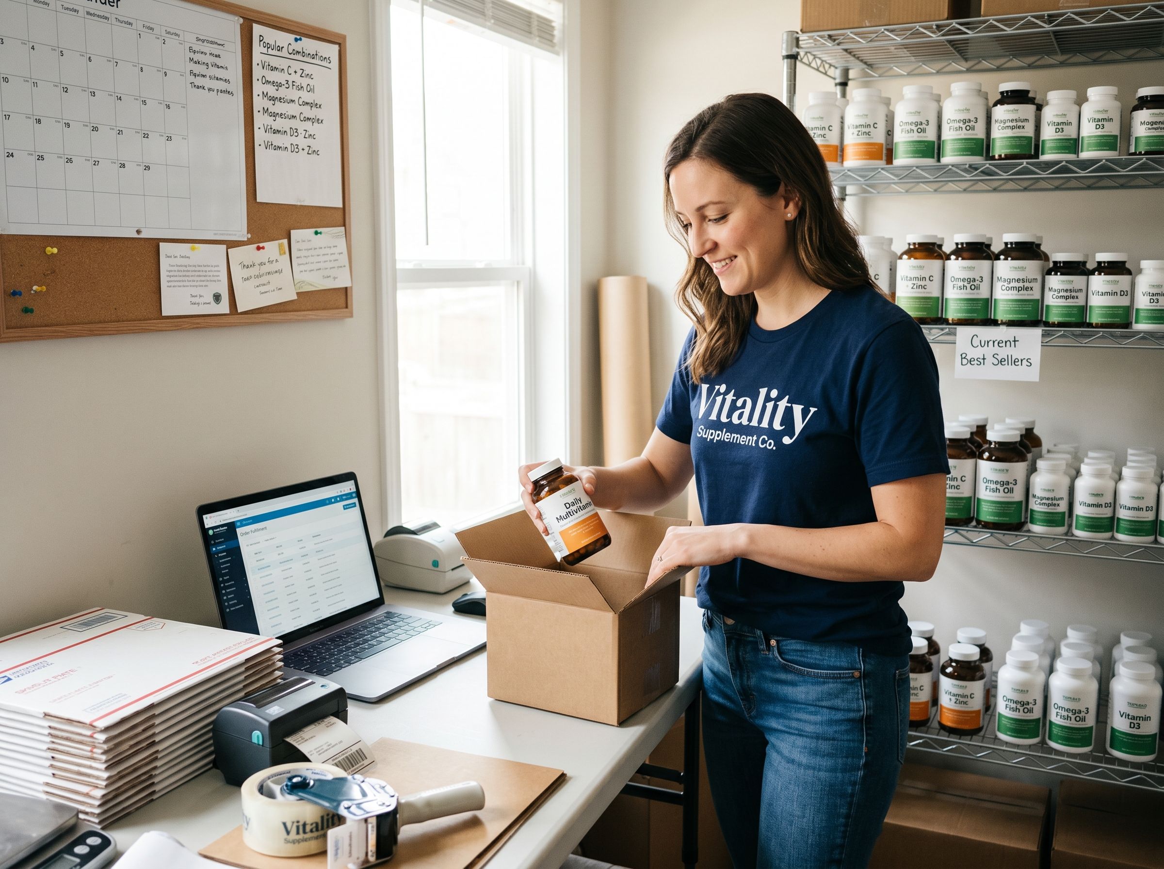 A business owner packing up a vitamin box to sell online