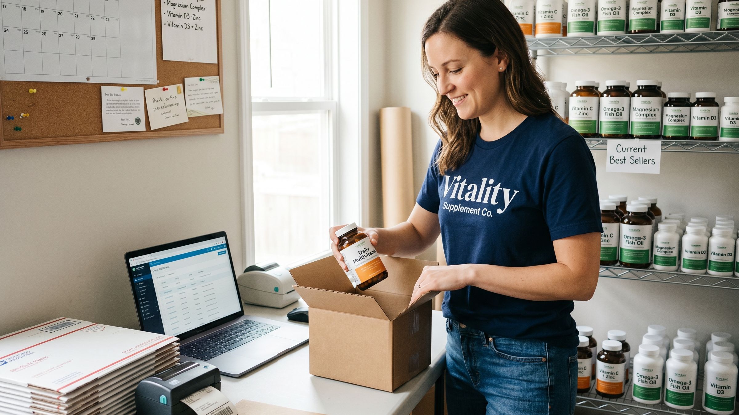 A business owner packing up a vitamin box to sell online