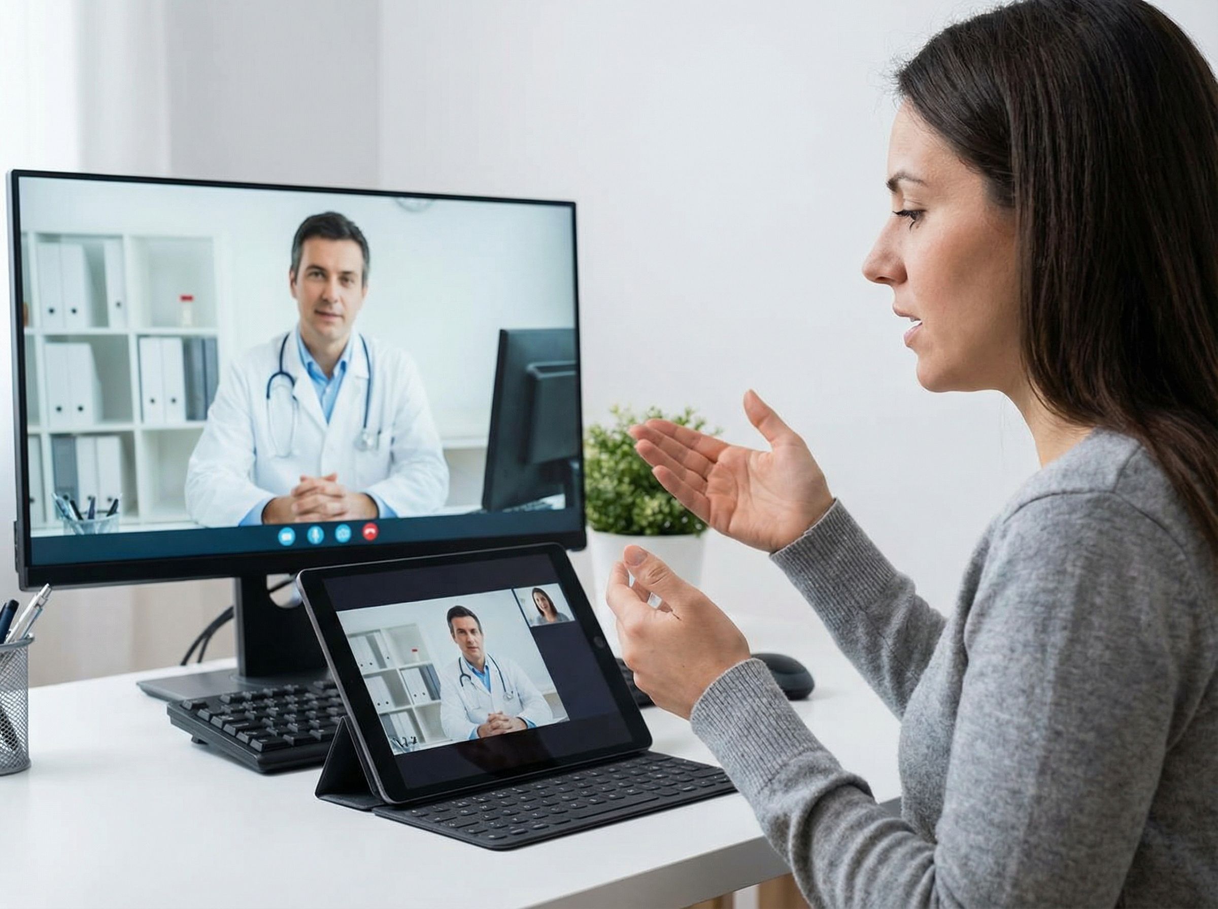 A patient talking to her doctor during a virtual telehealth appointment