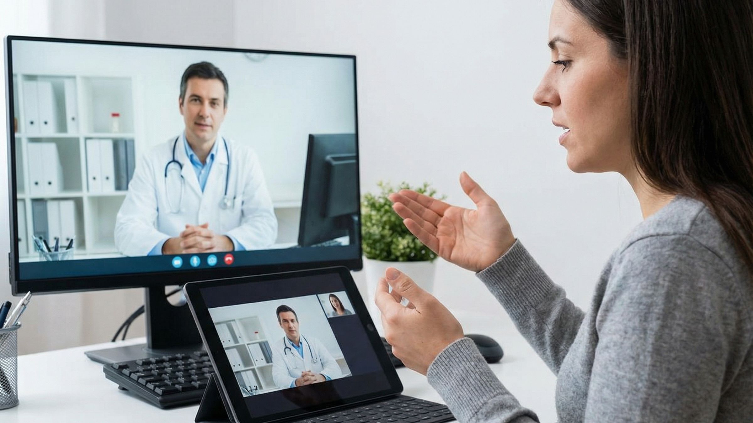 A patient talking to her doctor during a virtual telehealth appointment