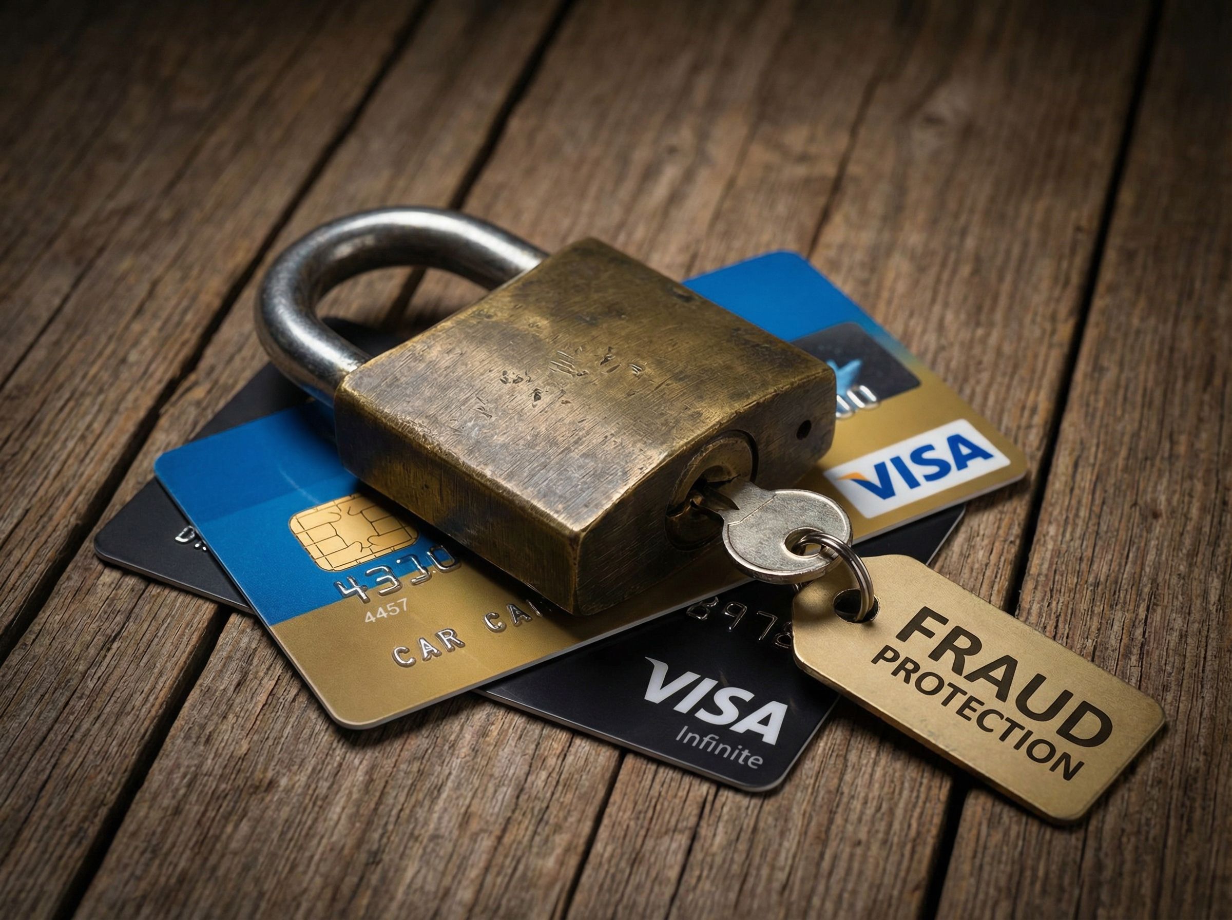 A padlock on top of a pair of Visa credit cards, signifying protection against credit card fraud