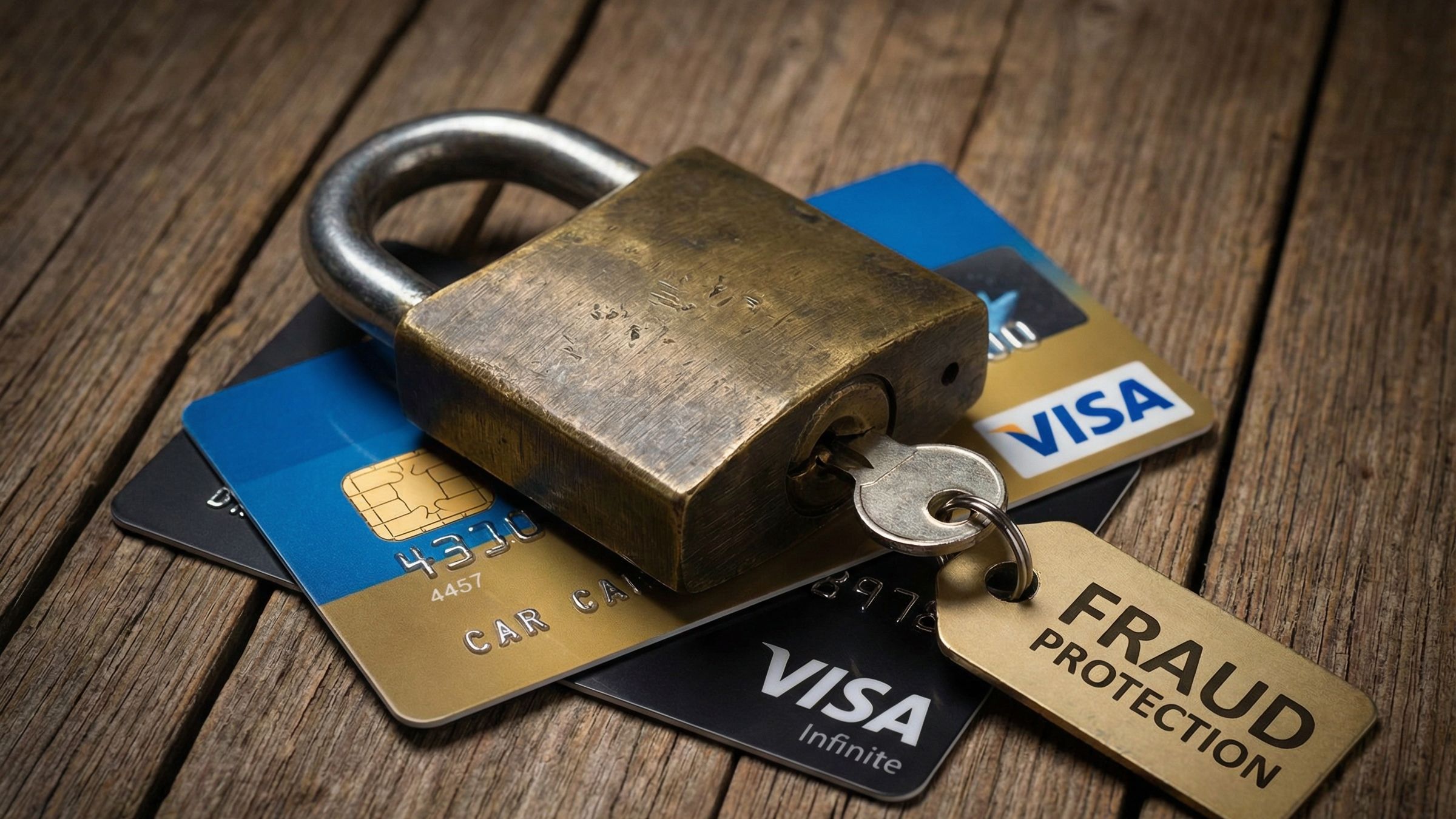 A padlock on top of a pair of Visa credit cards, signifying protection against credit card fraud
