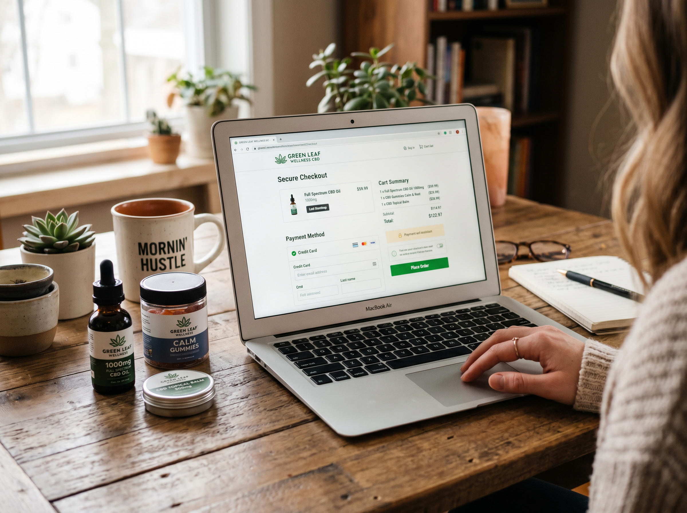 CBD products on a desk beside laptop with online checkout open.