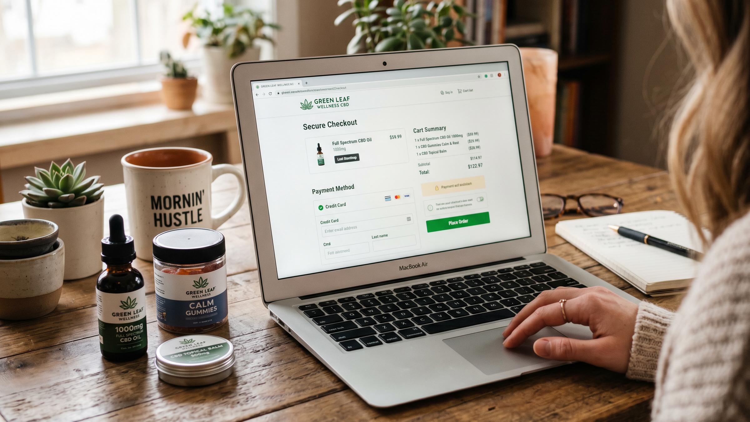 CBD products on a desk beside laptop with online checkout open.