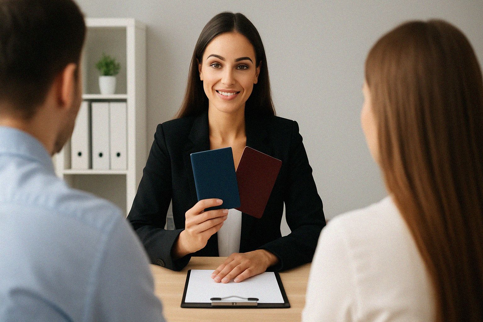 A travel agent holding two passports in front of clients at a desk.