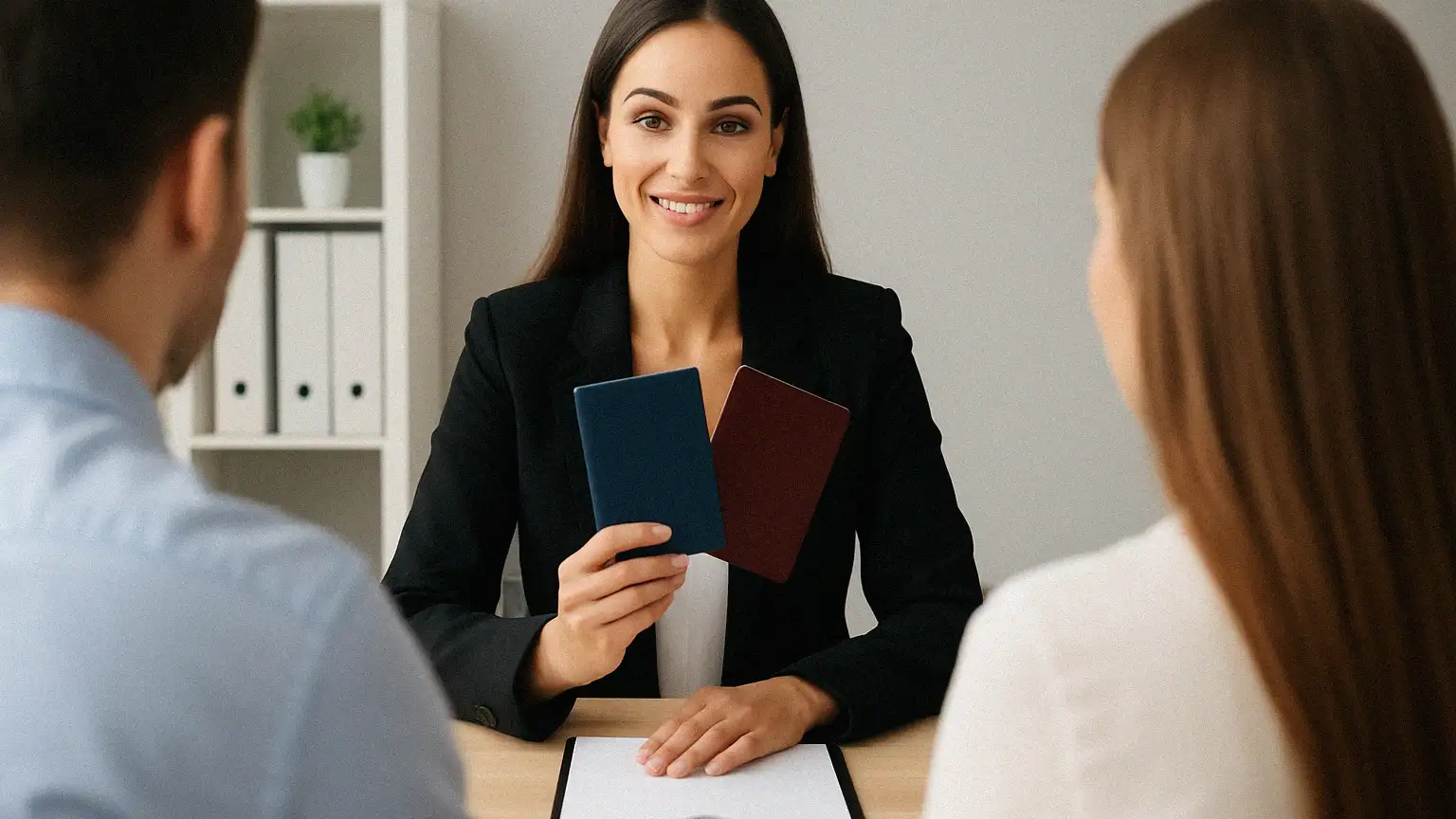 A travel agent holding two passports in front of clients at a desk.