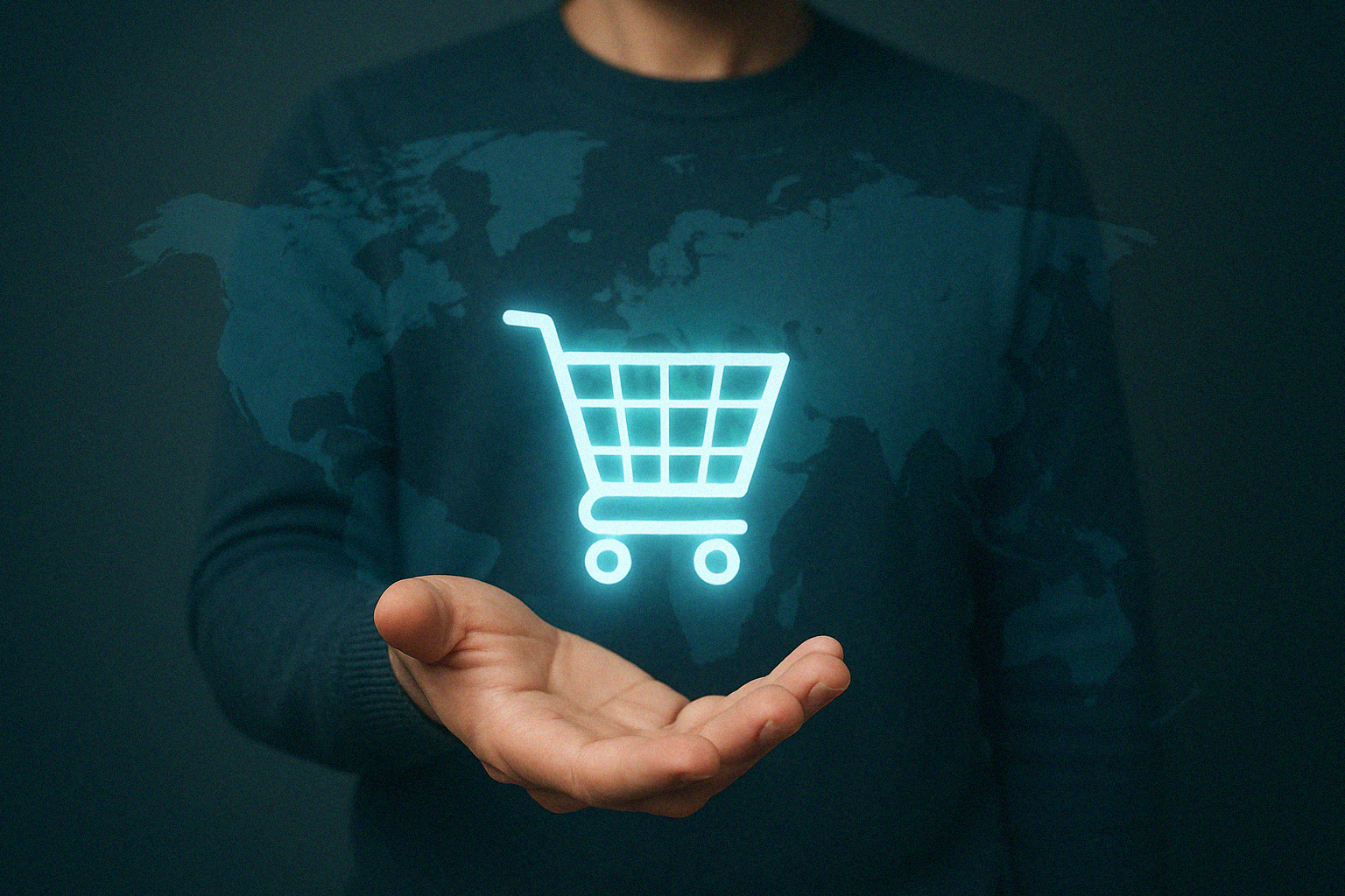 Businessman holding virtual shopping cart that travels across the globe