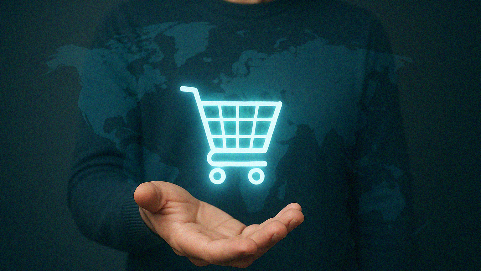 Businessman holding virtual shopping cart that travels across the globe