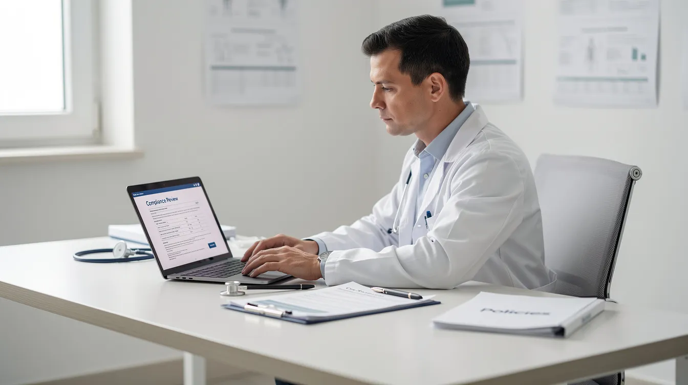 Clinician reviewing compliance documents on a laptop