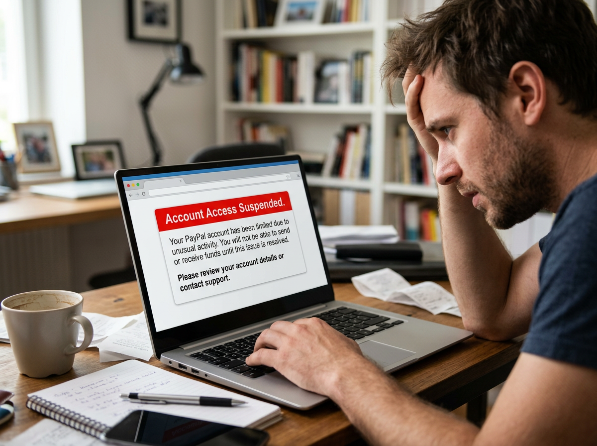 PayPal account shutdown on a laptop screen