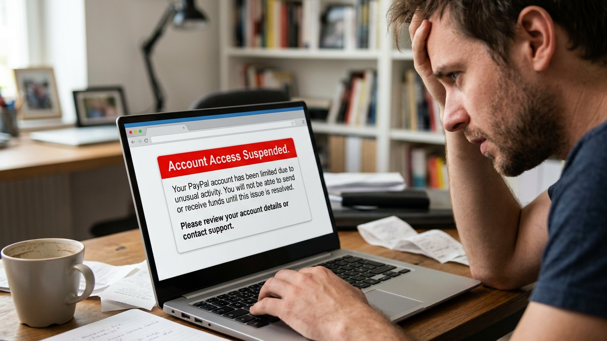 PayPal account shutdown on a laptop screen