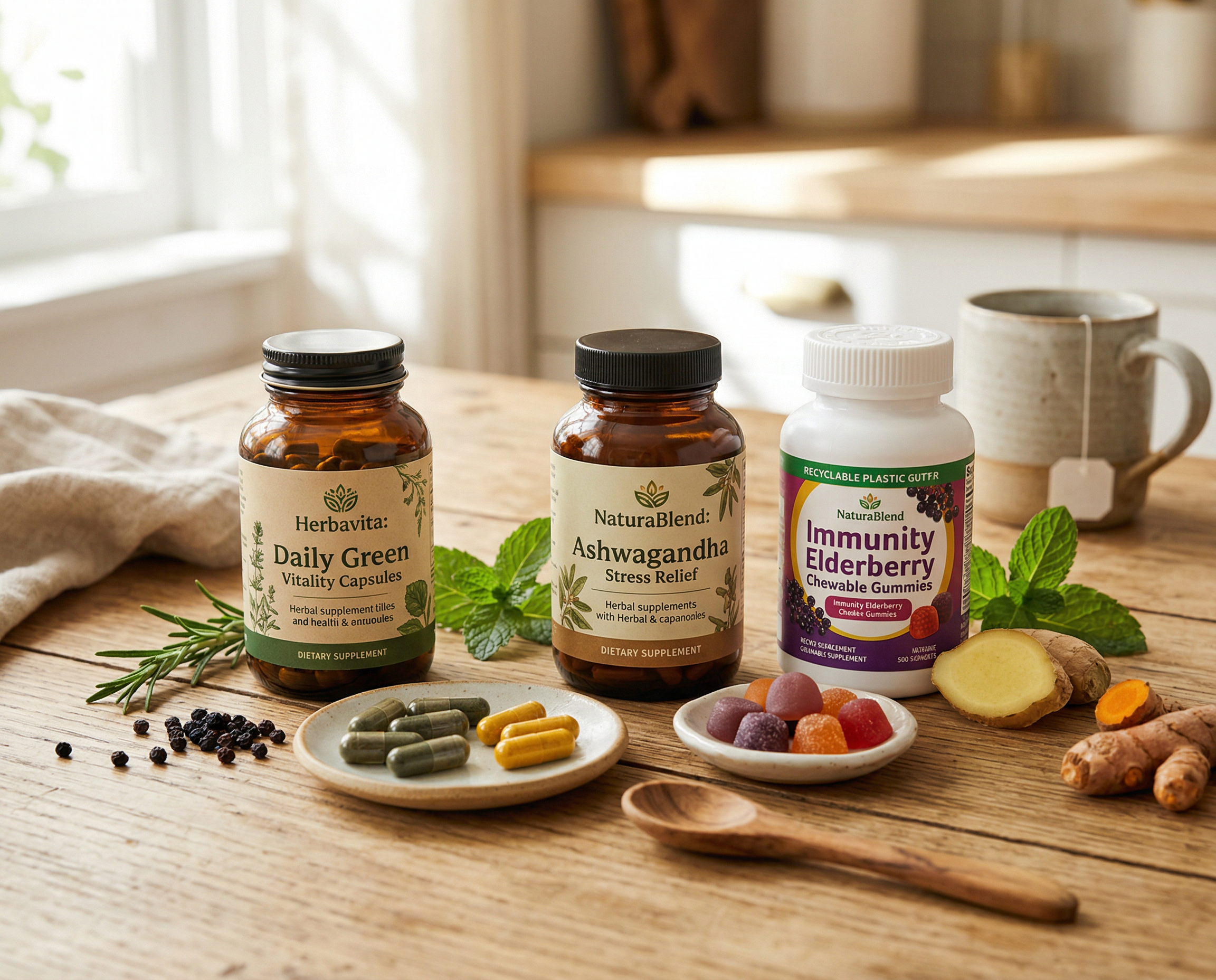 Herbal supplements, capsules, and chewables designed to promote health and wellness