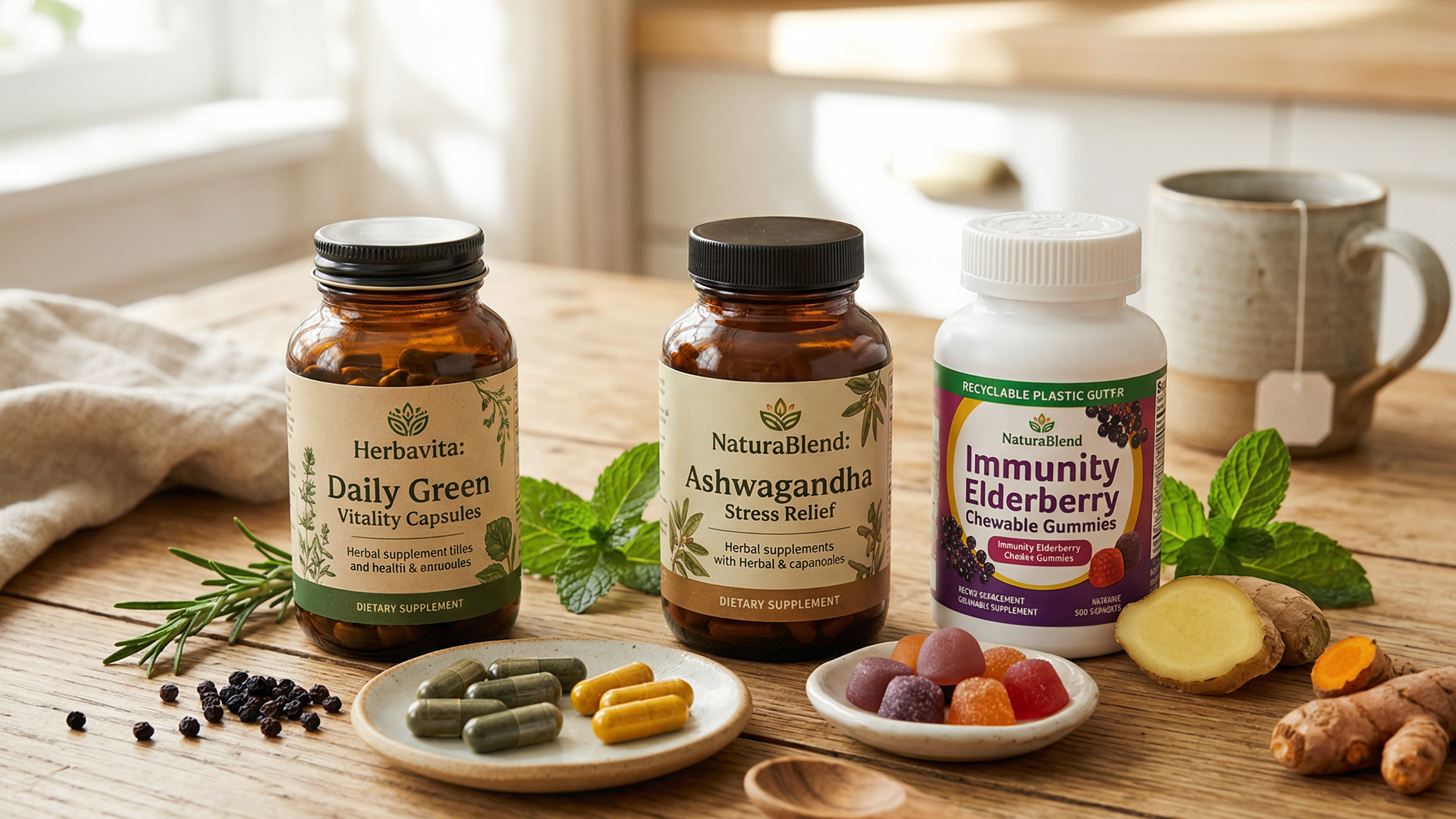 Herbal supplements, capsules, and chewables designed to promote health and wellness
