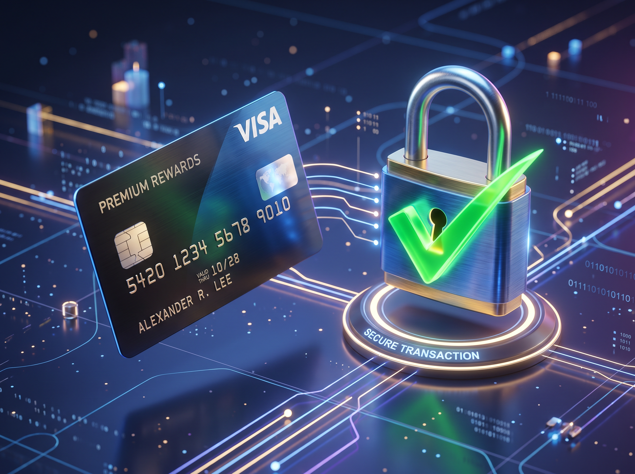 A credit card and a lock with green check