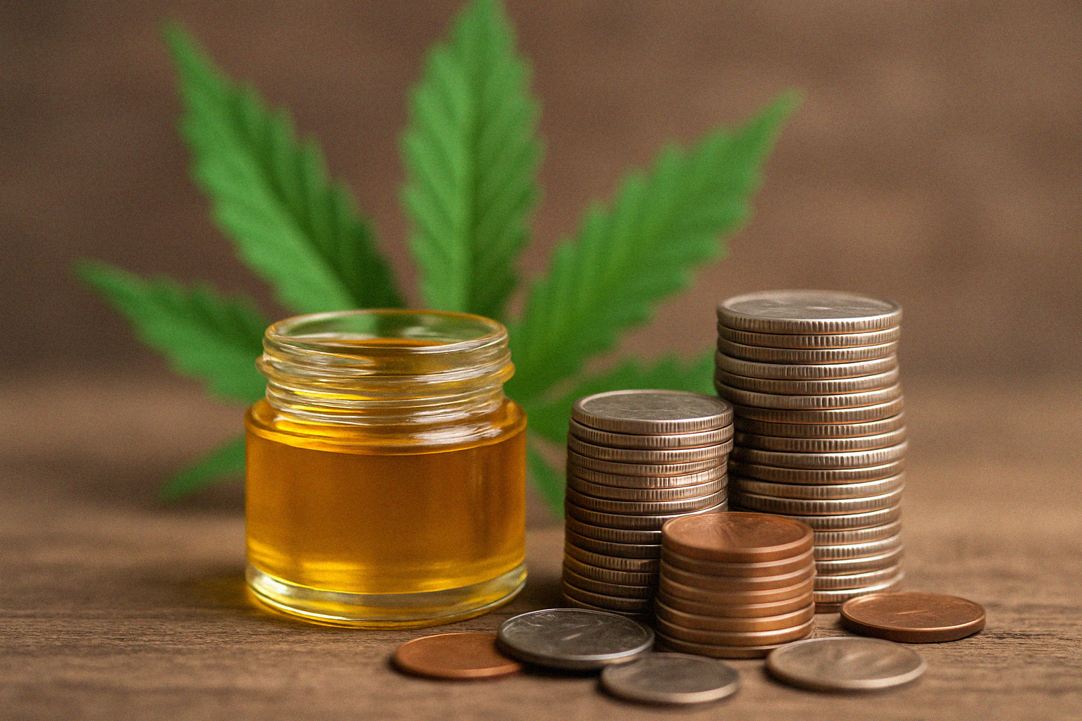 A bottle of CBD oil next to a stack of coins with a cannabis leaf in the background representing money made from CBD business.
