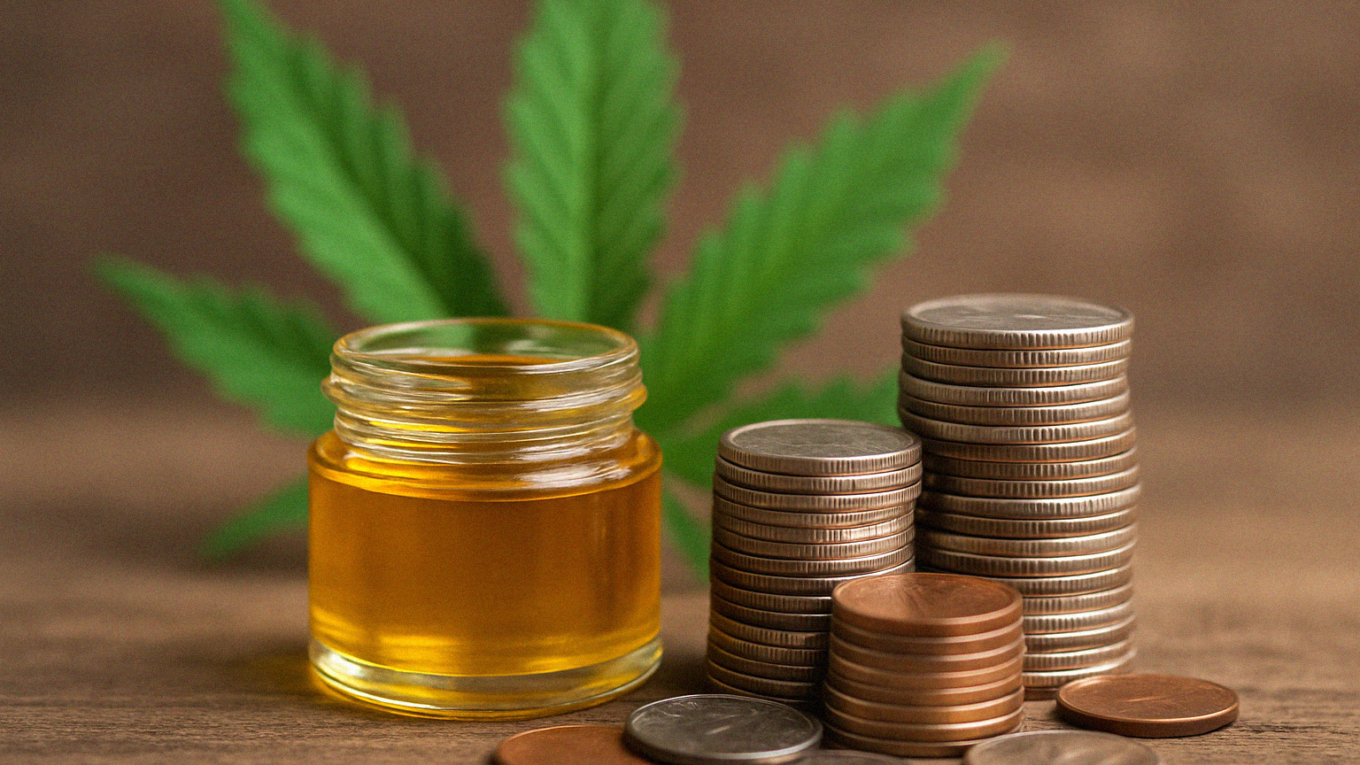 A bottle of CBD oil next to a stack of coins with a cannabis leaf in the background representing money made from CBD business.