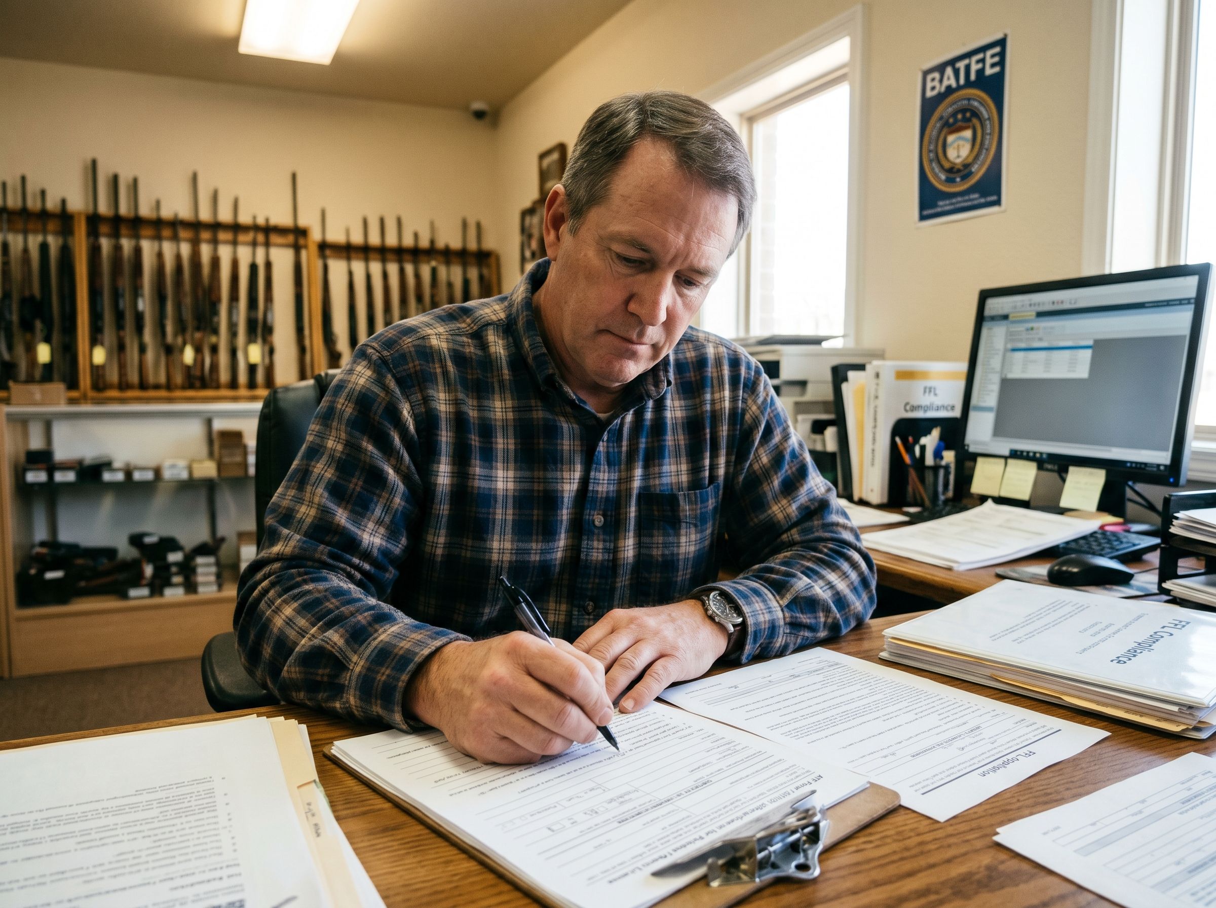 A man in a firearm shop filling out an FFL application