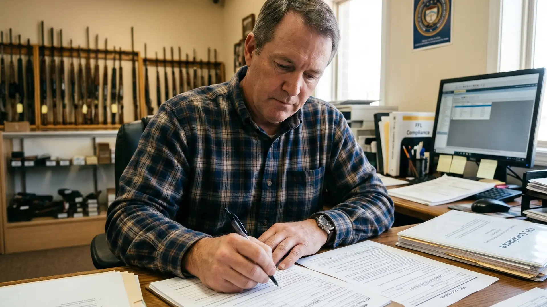 A man in a firearm shop filling out an FFL application