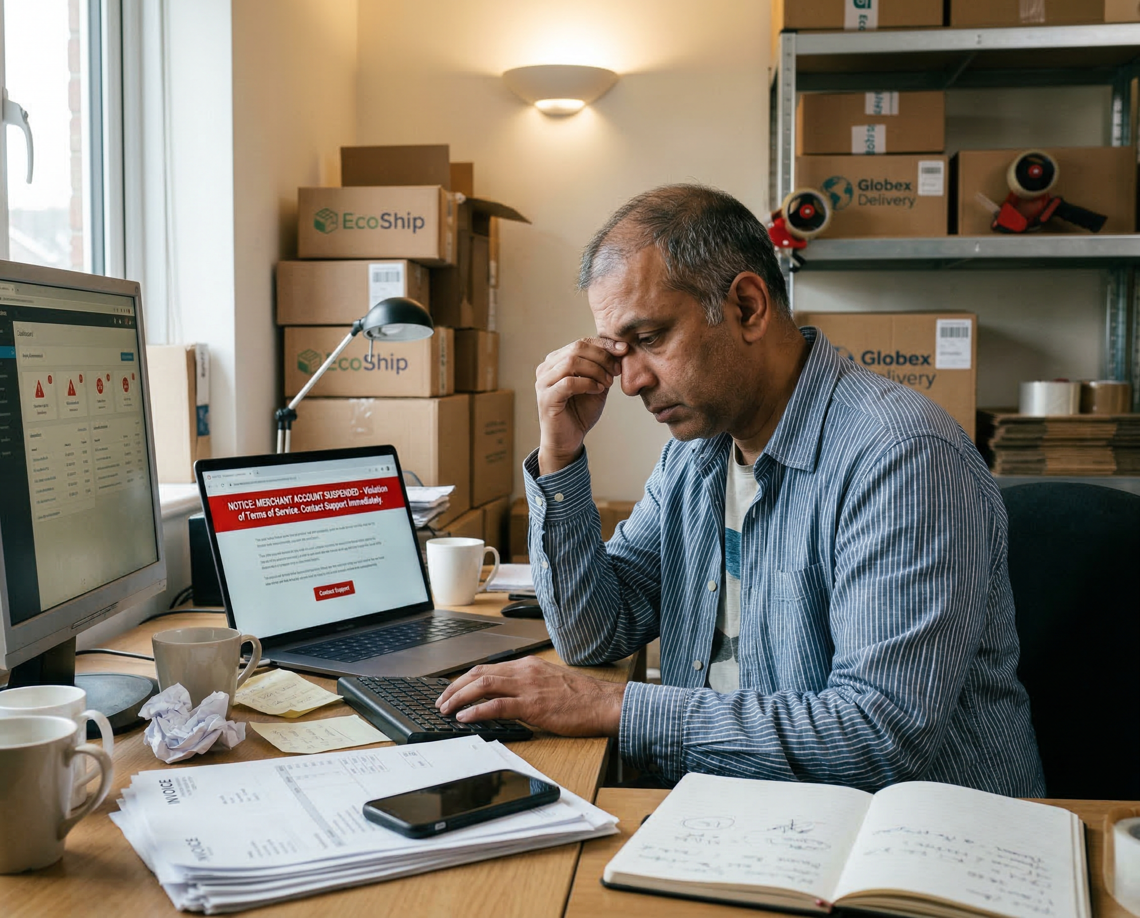 An eCommerce business owner dealing with their merchant account getting suspended. 