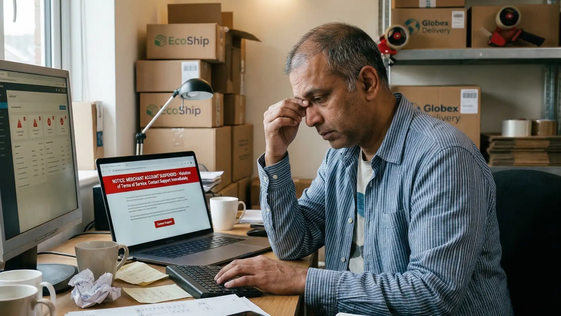 An eCommerce business owner dealing with their merchant account getting suspended.